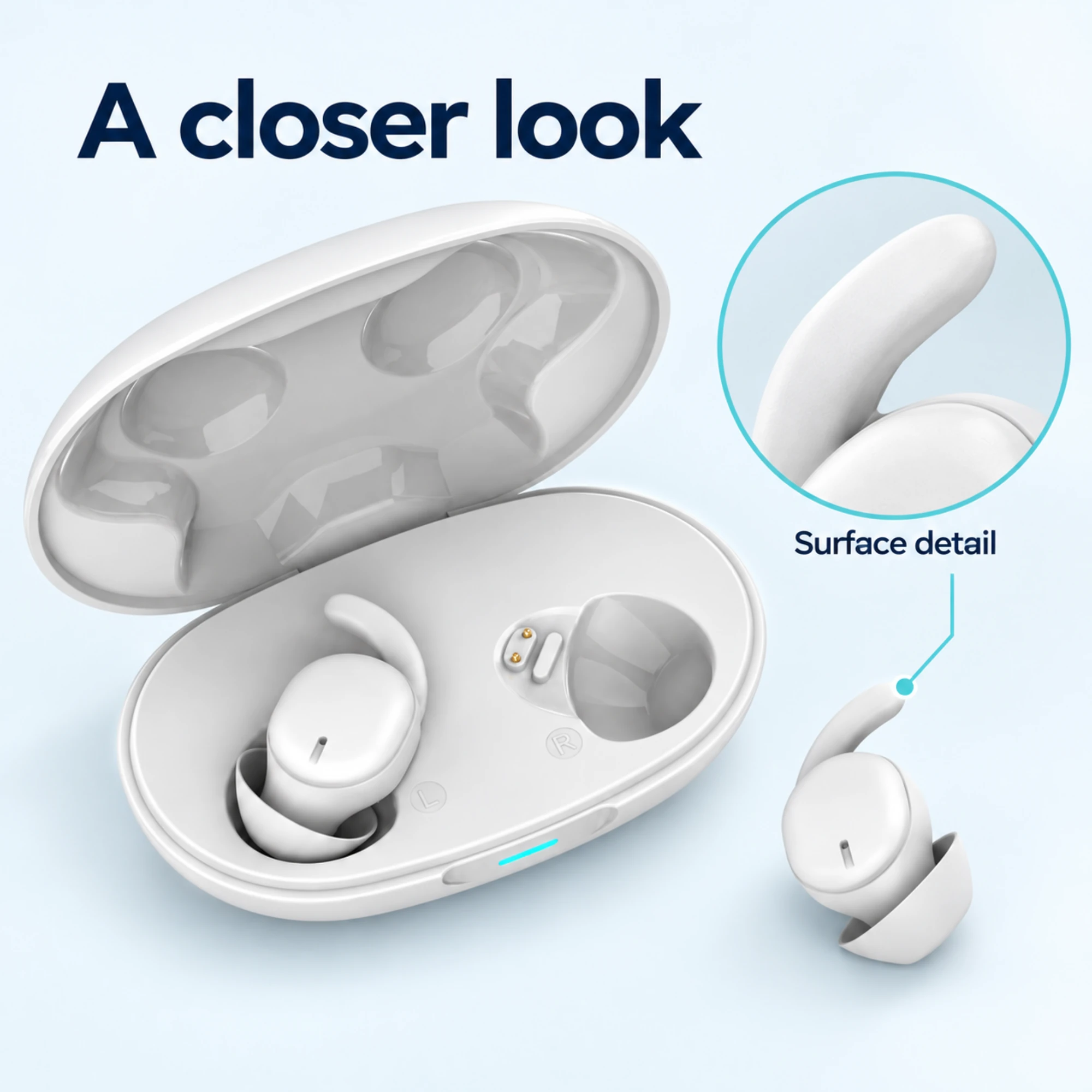 Compact Noise Cancelling Earbuds with Charging Case — surface detail