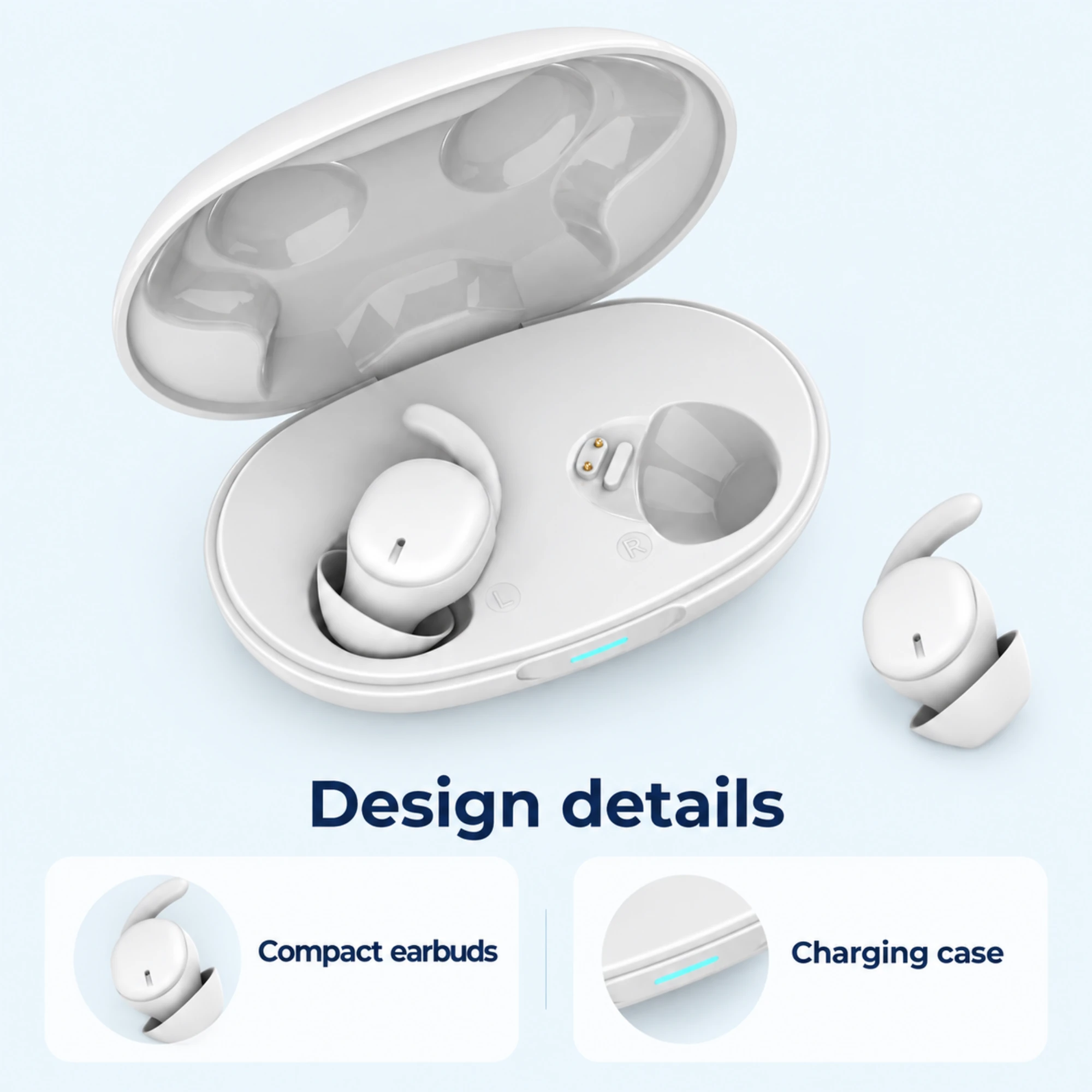 Compact Noise Cancelling Earbuds with Charging Case — design details