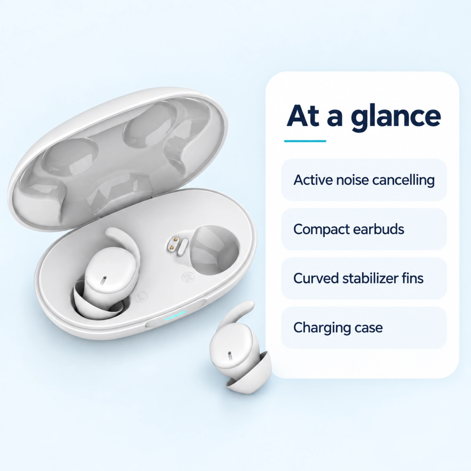 Compact Noise Cancelling Earbuds with Charging Case — at a glance