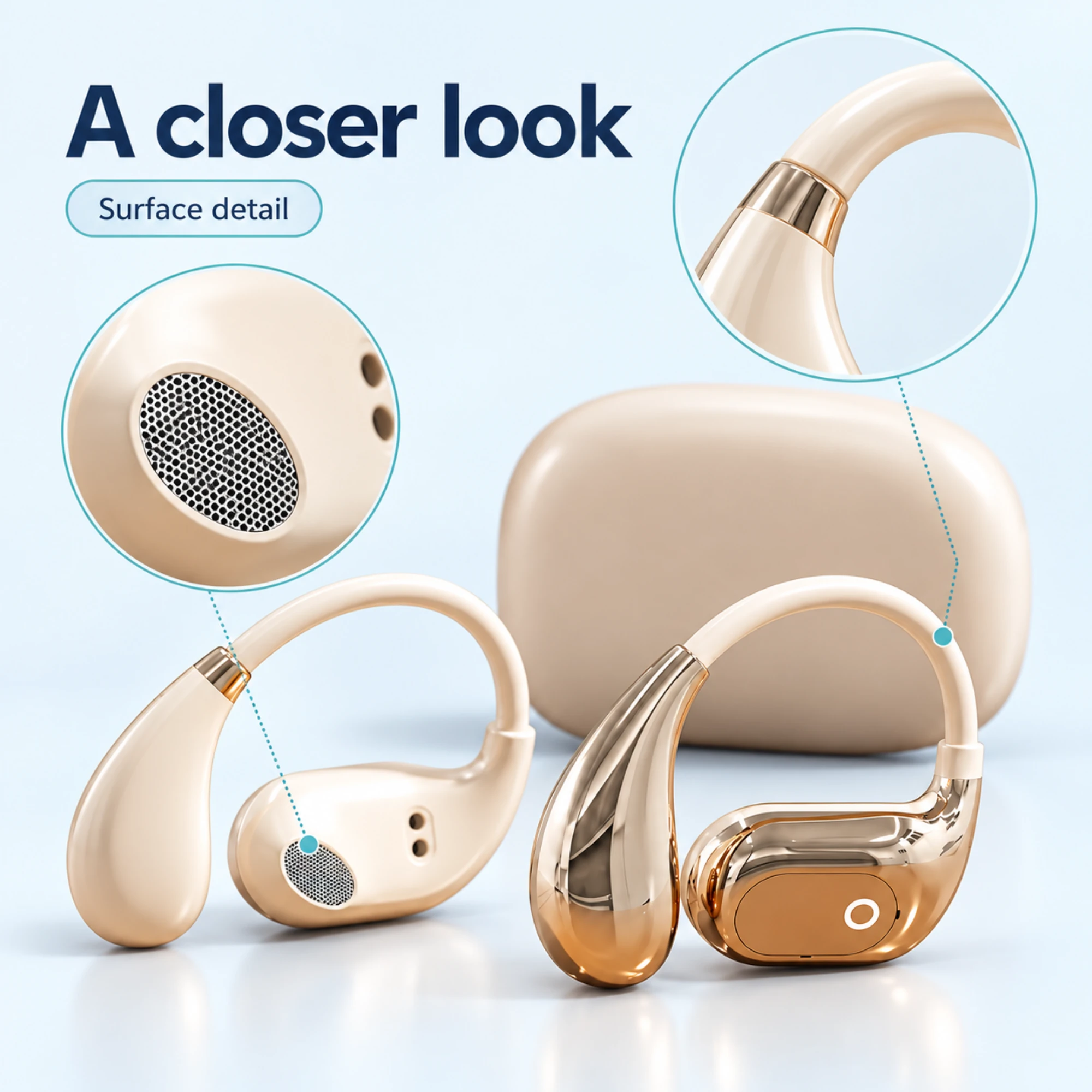Champagne Open-Ear Earbuds with Ear Hooks — surface detail