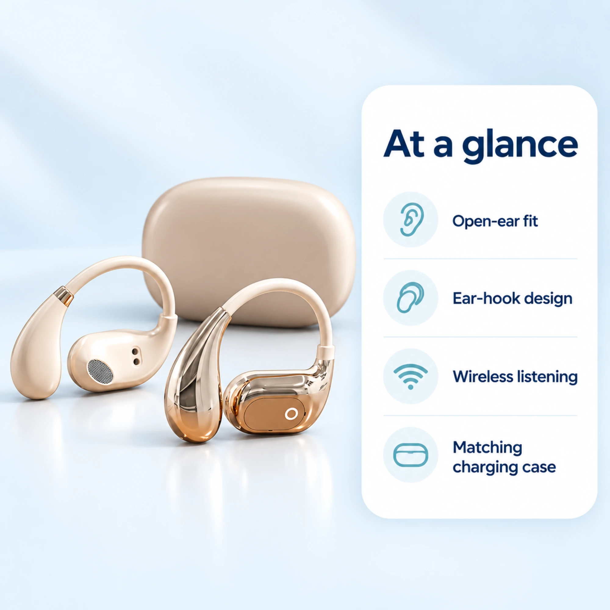 Champagne Open-Ear Earbuds with Ear Hooks — at a glance