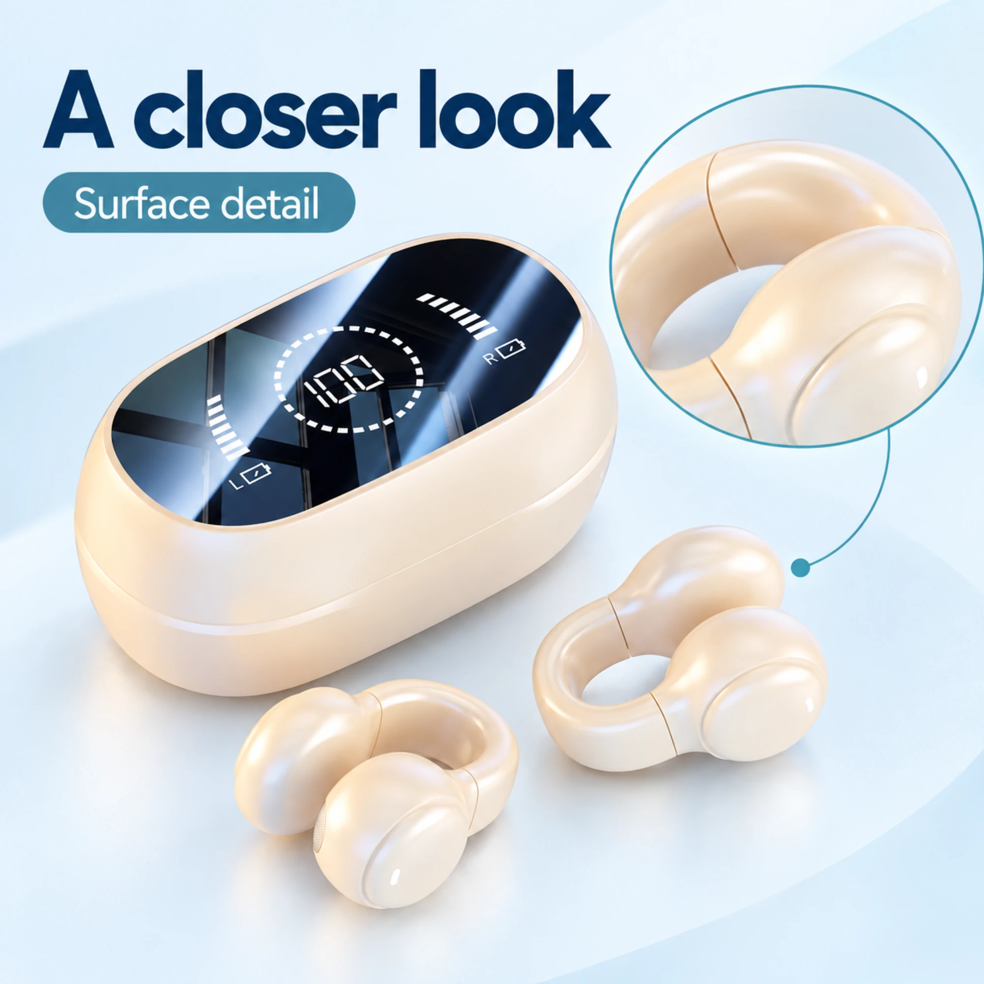 Cream Clip-On Earbuds with Digital Display Case — surface detail