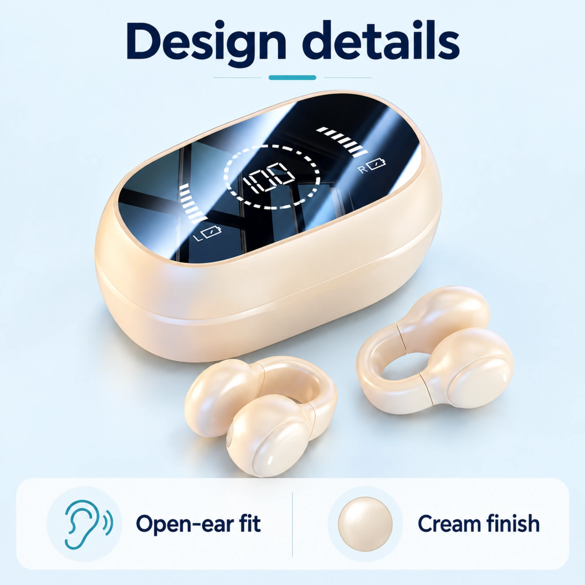 Cream Clip-On Earbuds with Digital Display Case — design details