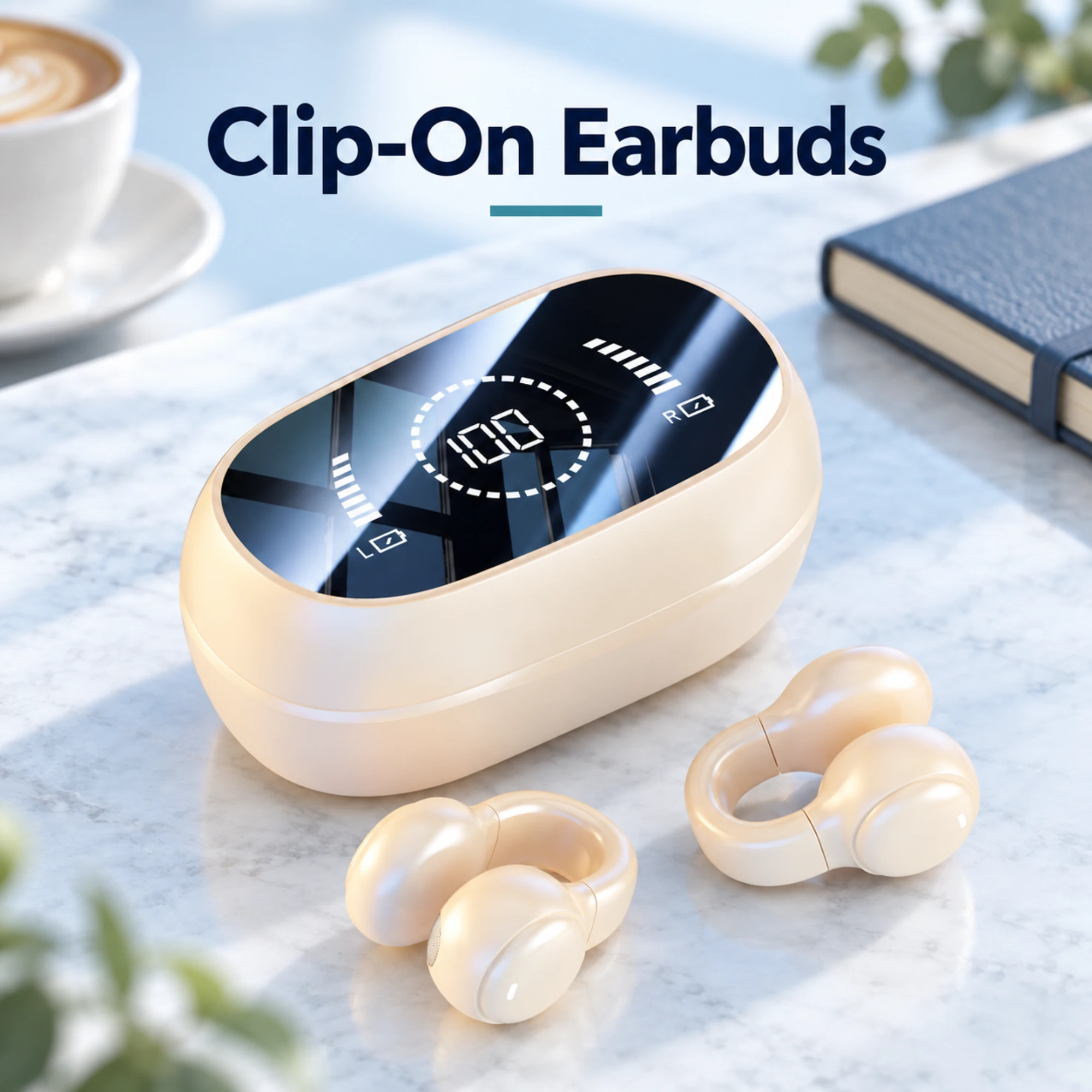 Cream Clip-On Earbuds with Digital Display Case — lifestyle