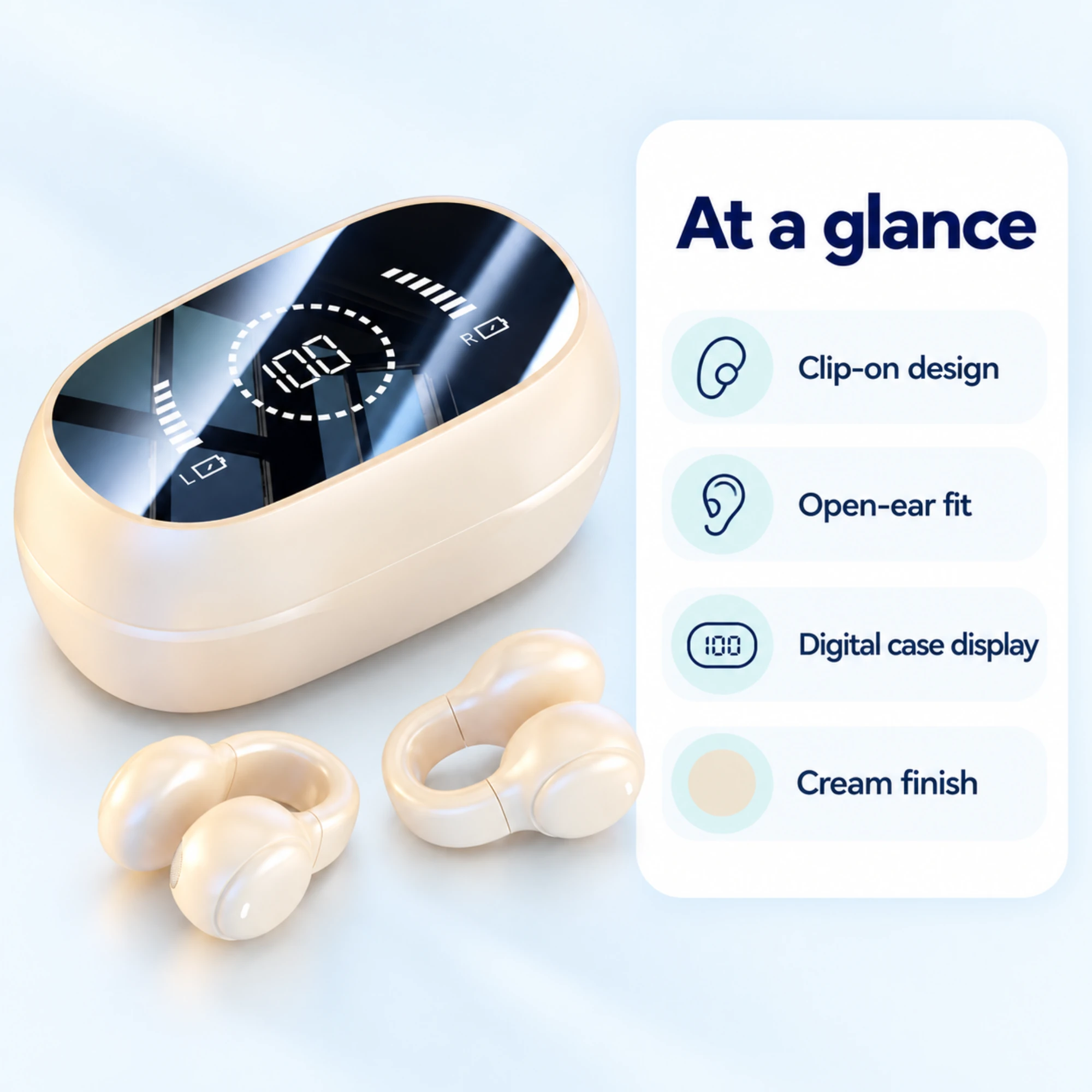 Cream Clip-On Earbuds with Digital Display Case — at a glance