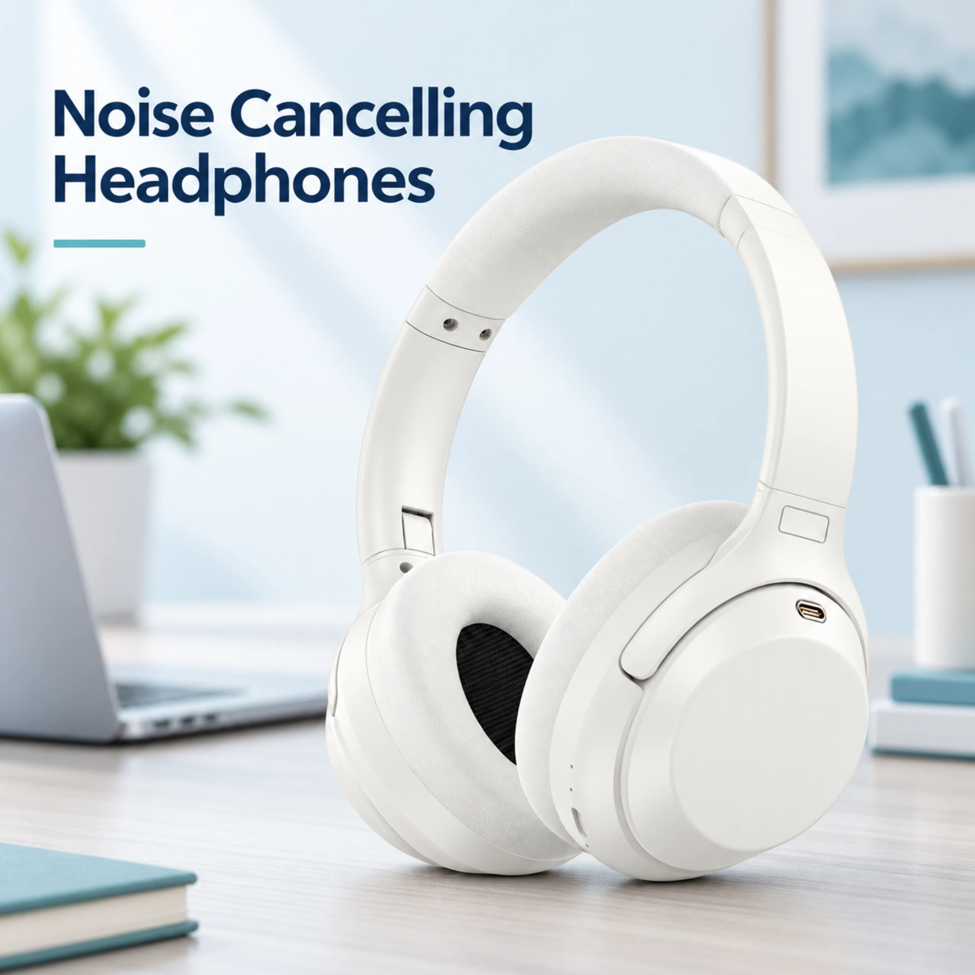M4 Noise Cancelling Headphones — White — lifestyle