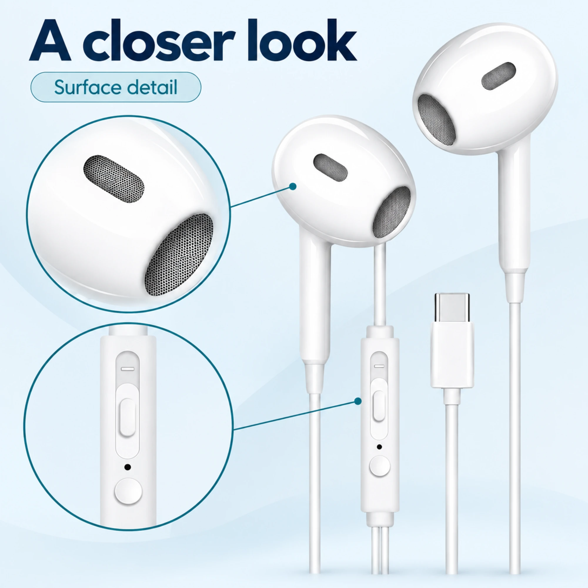 White USB-C Earbuds with Inline Controls — surface detail