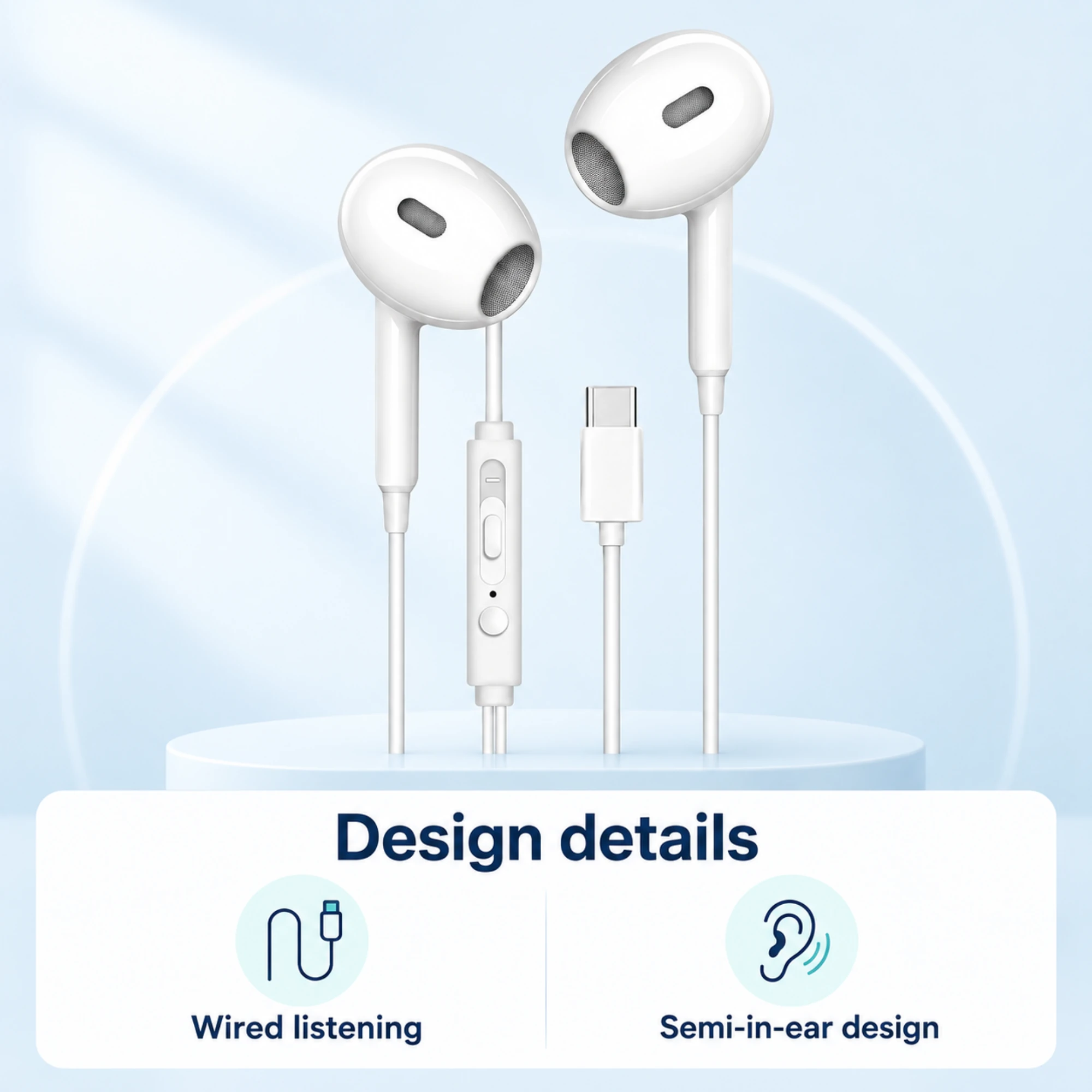 White USB-C Earbuds with Inline Controls — design details