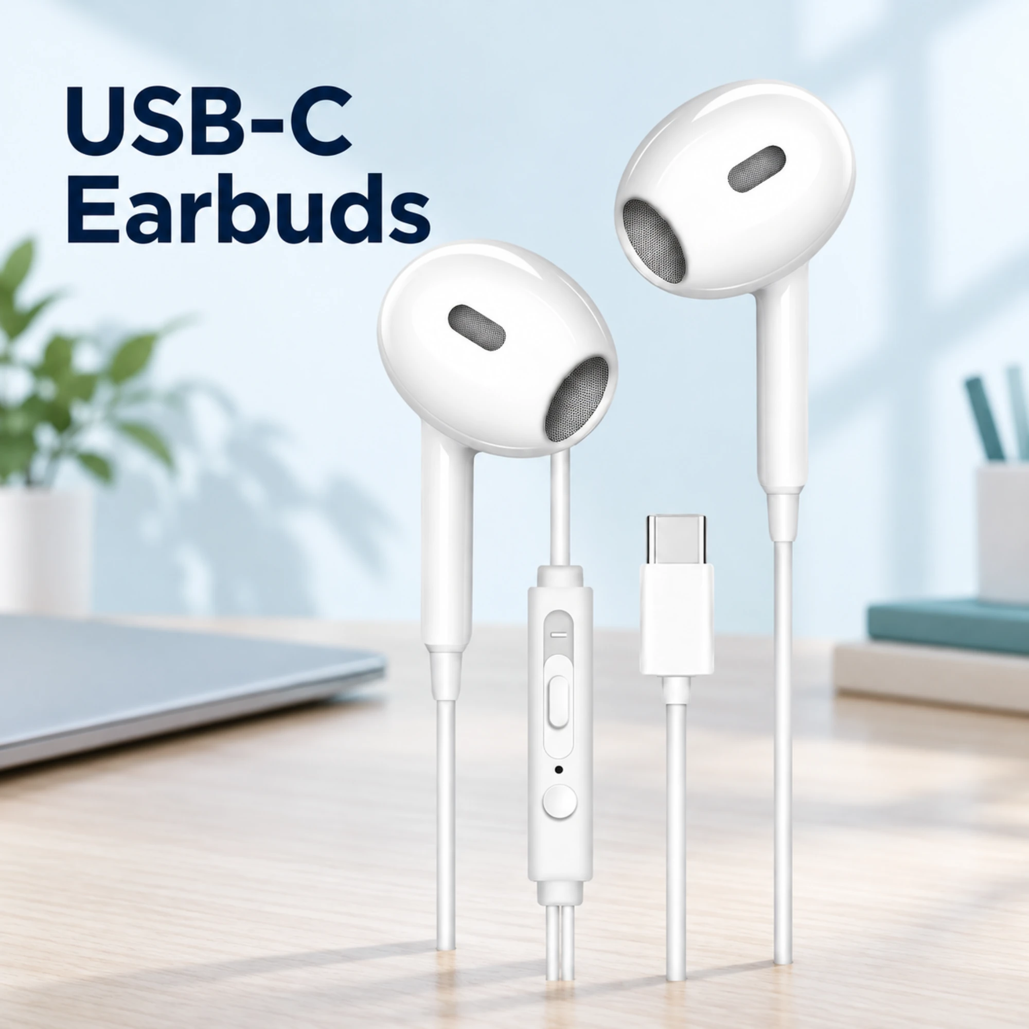 White USB-C Earbuds with Inline Controls — lifestyle