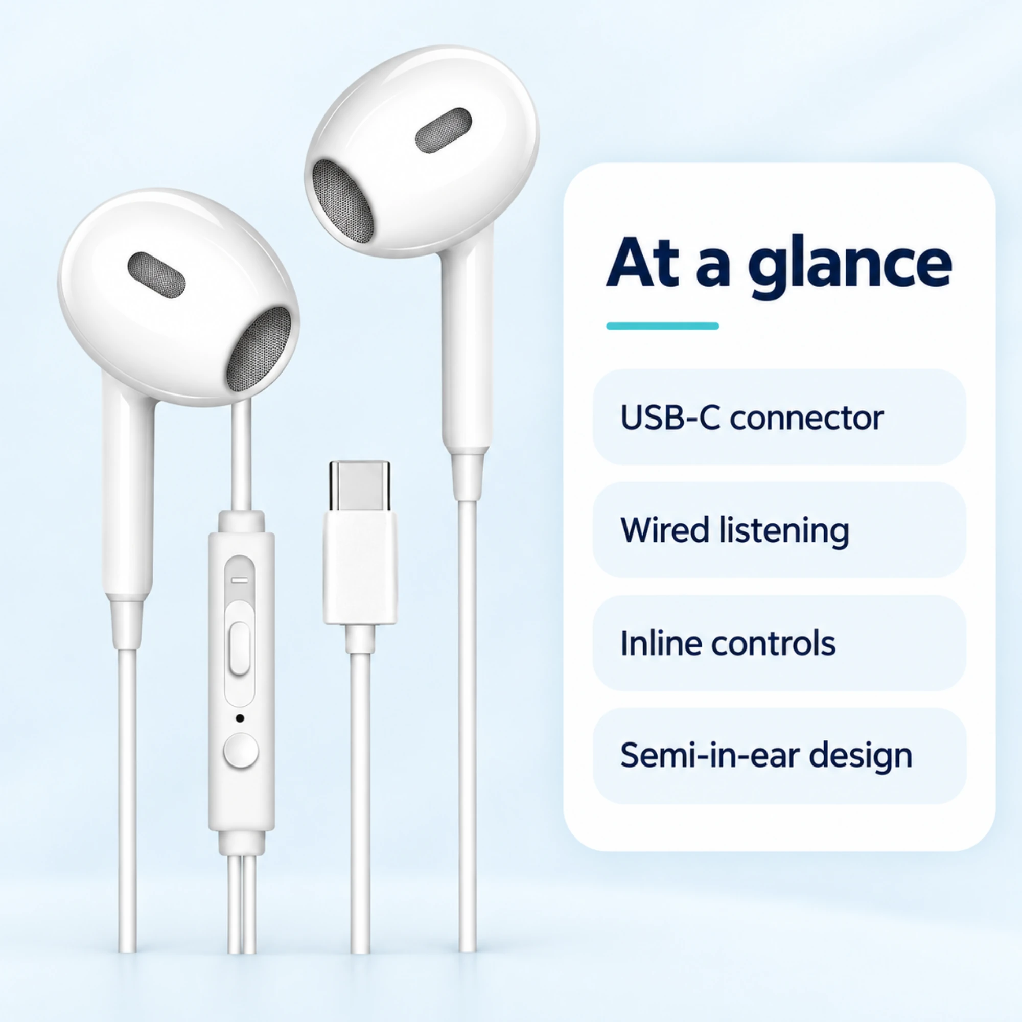 White USB-C Earbuds with Inline Controls — at a glance