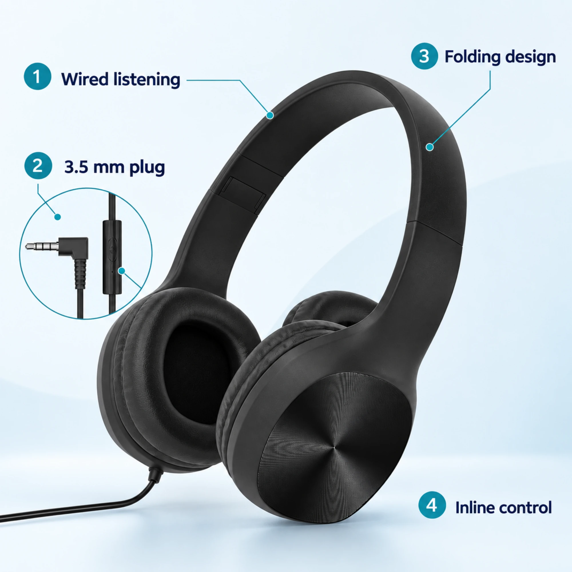 Black Wired Headphones with Inline Control — alternate view