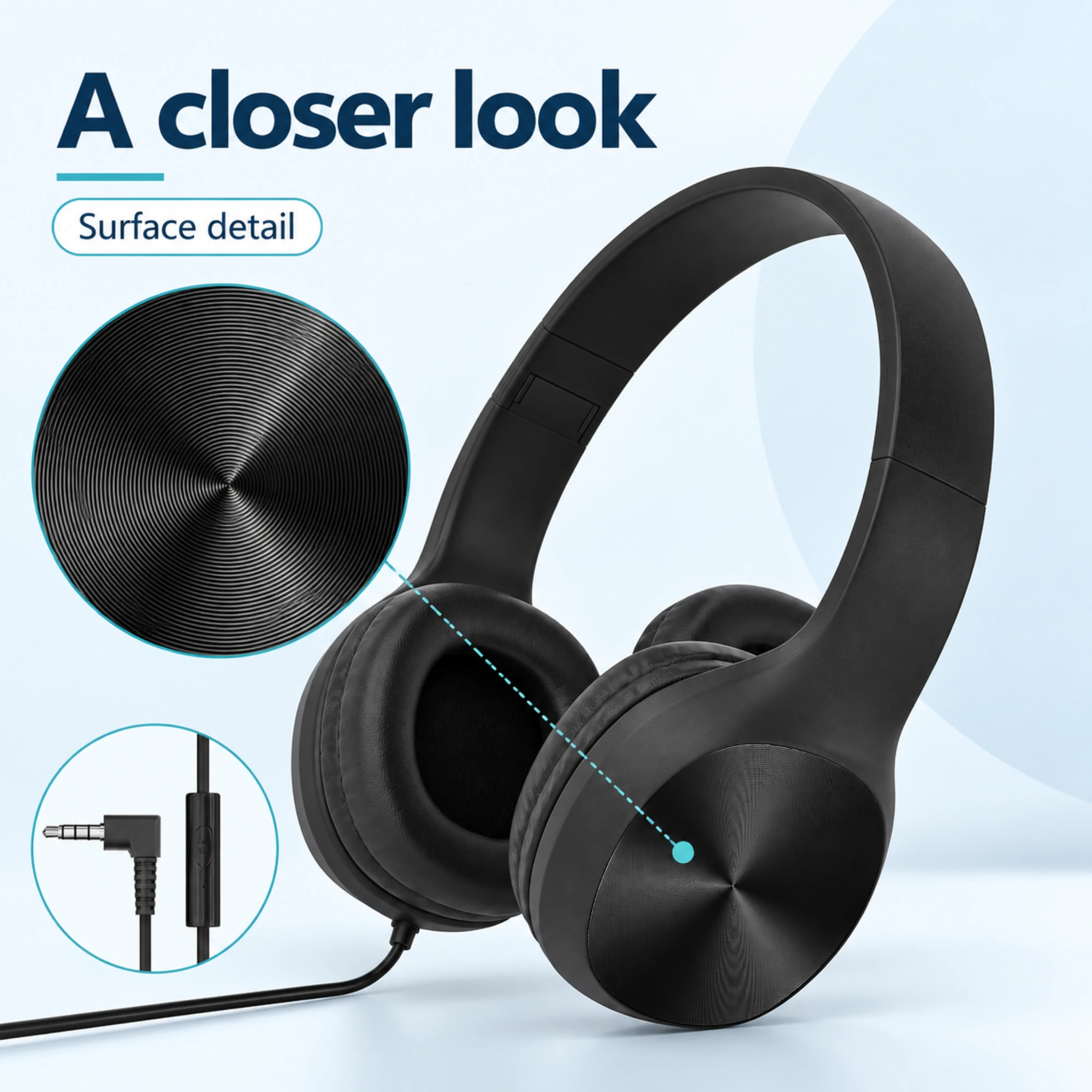Black Wired Headphones with Inline Control — surface detail