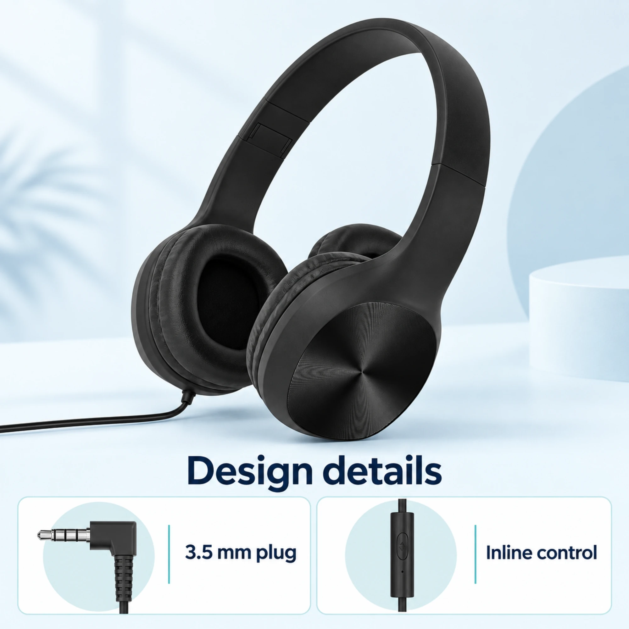 Black Wired Headphones with Inline Control — design details