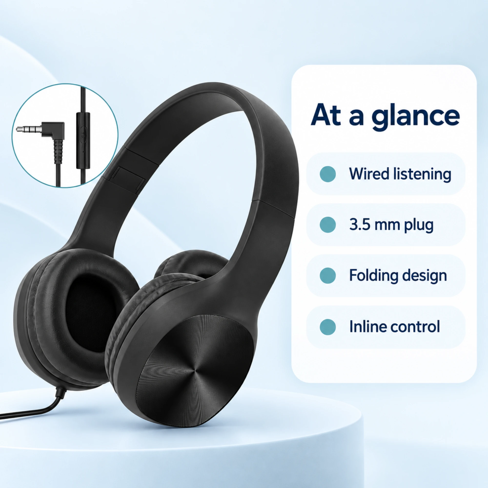 Black Wired Headphones with Inline Control — at a glance