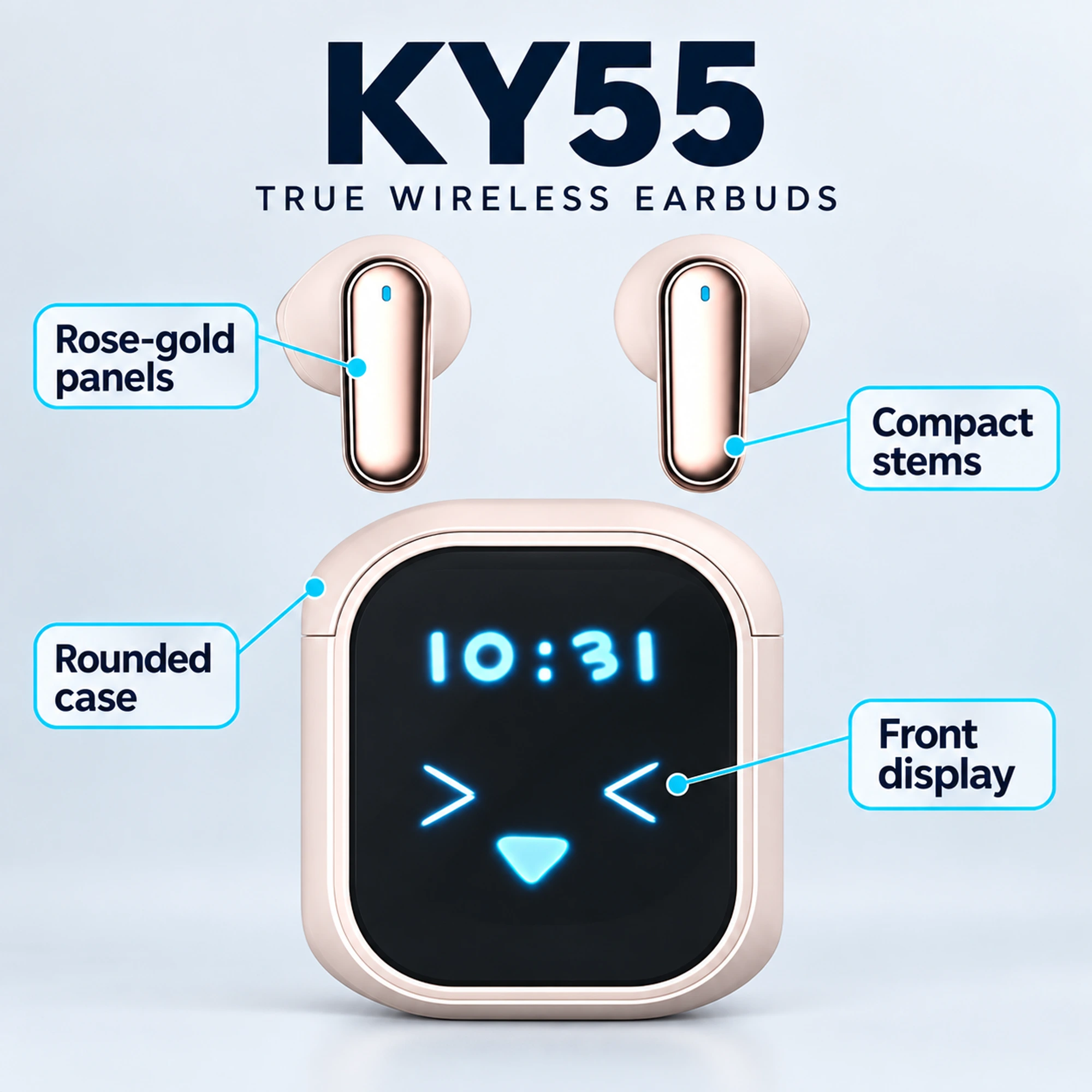 KY55 Rose-Gold Panel Screen-Case Earbuds — design features