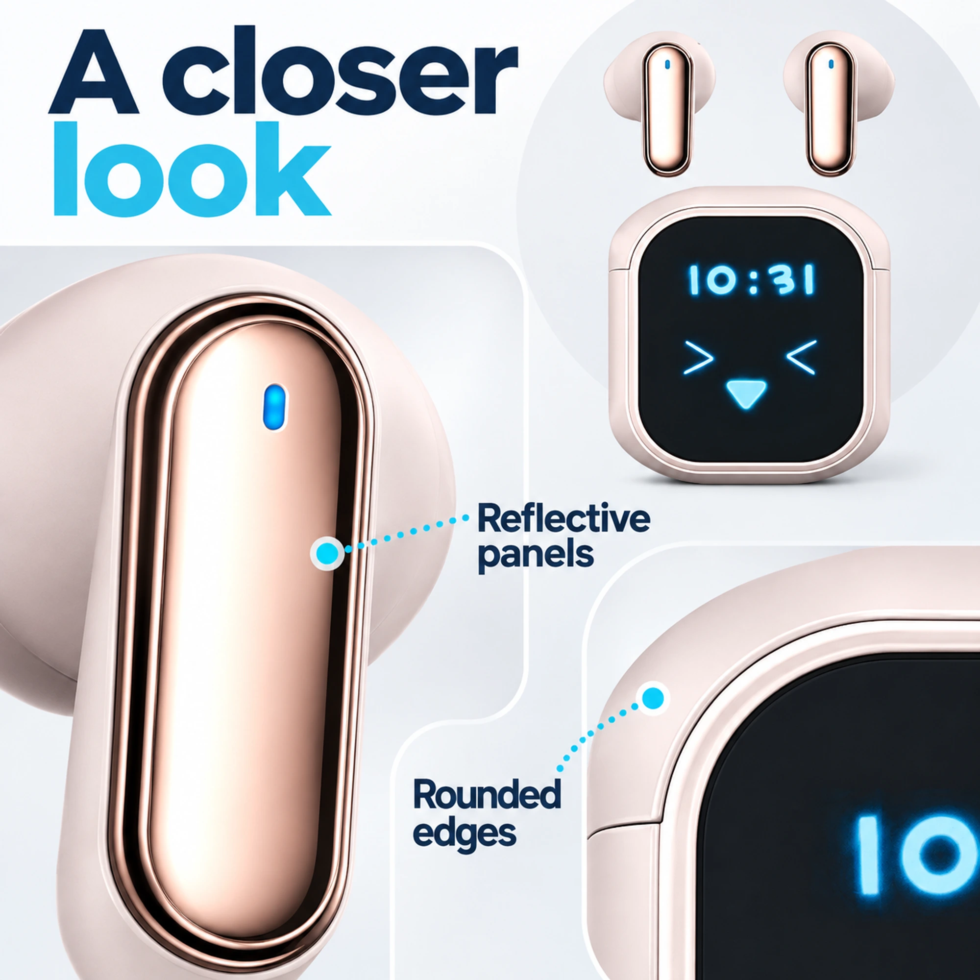 KY55 Rose-Gold Panel Screen-Case Earbuds — exterior details