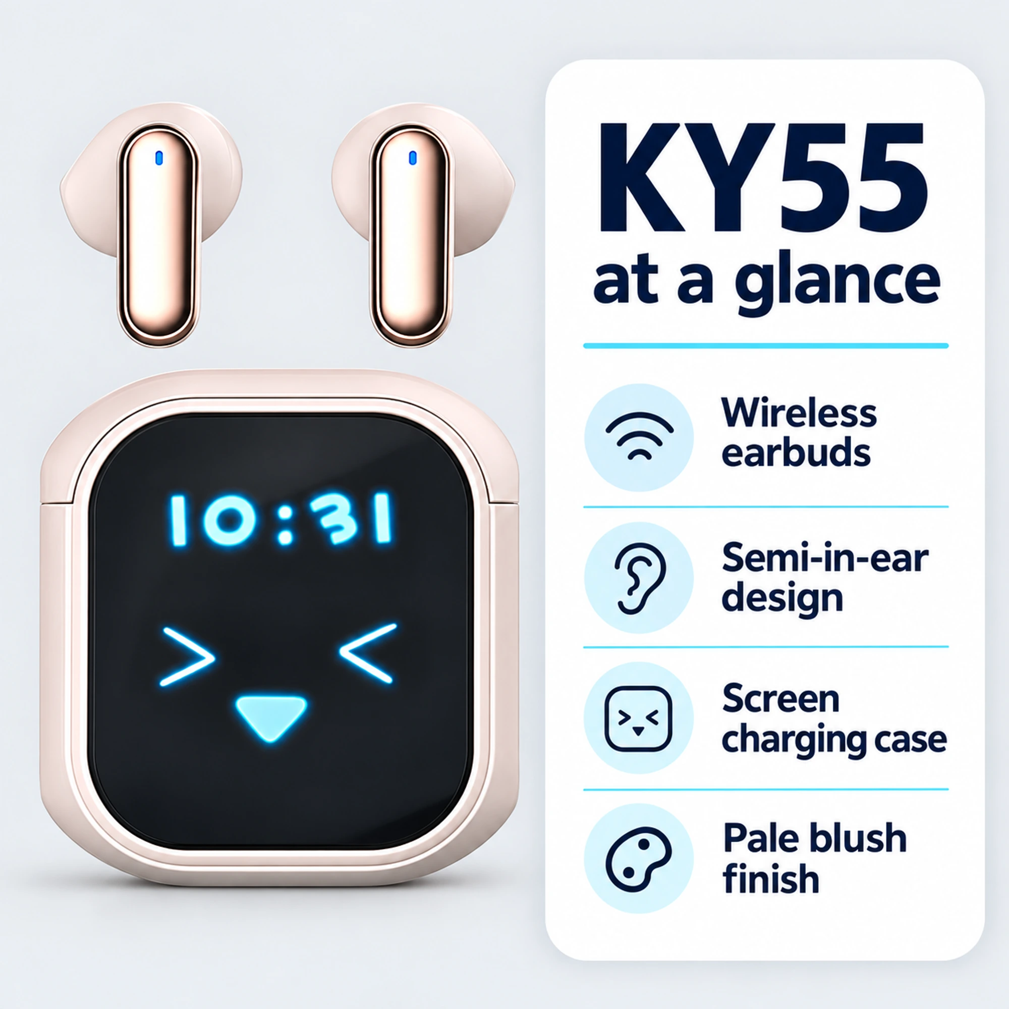 KY55 Rose-Gold Panel Screen-Case Earbuds — product information