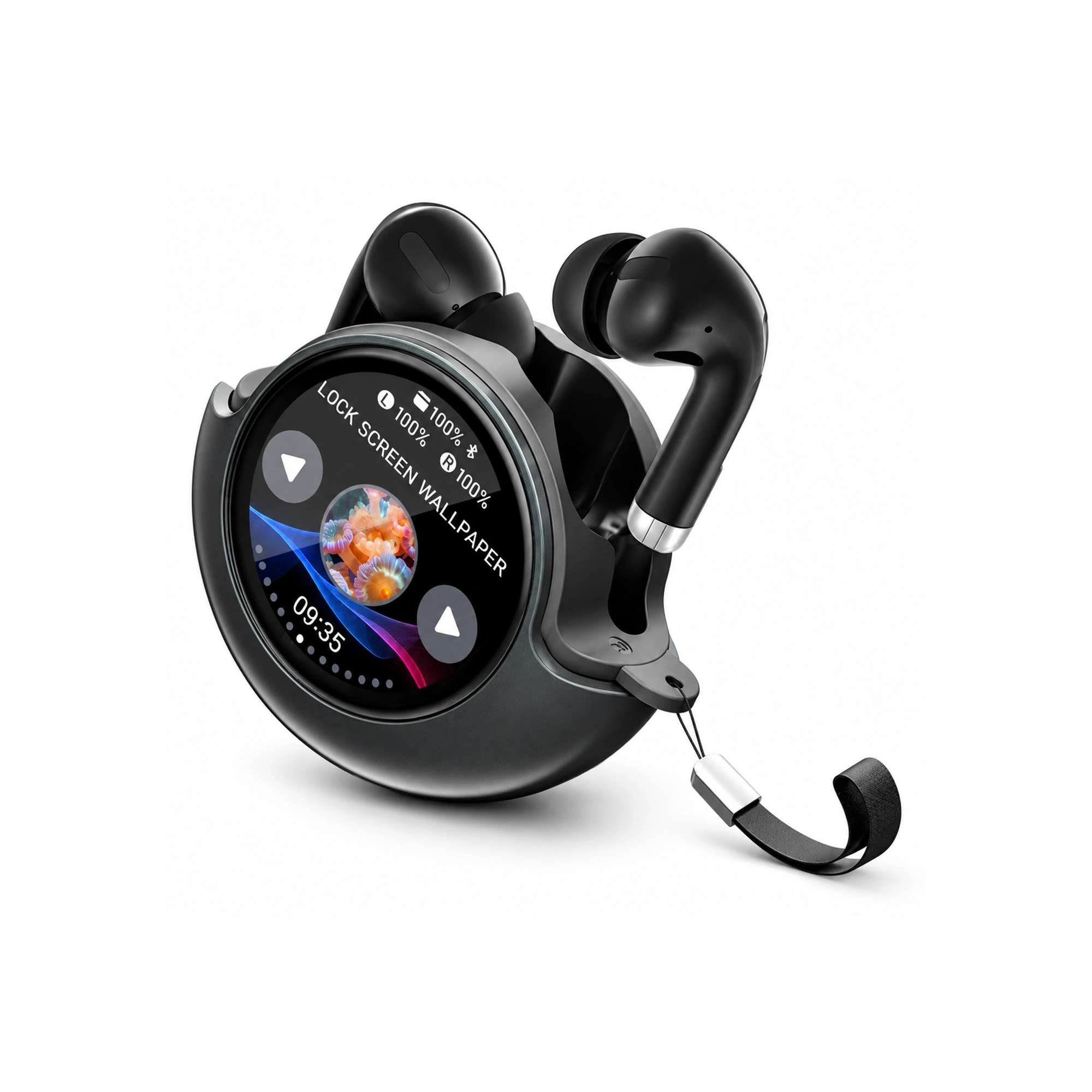 BLACK ROUND TOUCHSCREEN-CASE EARBUDS photo