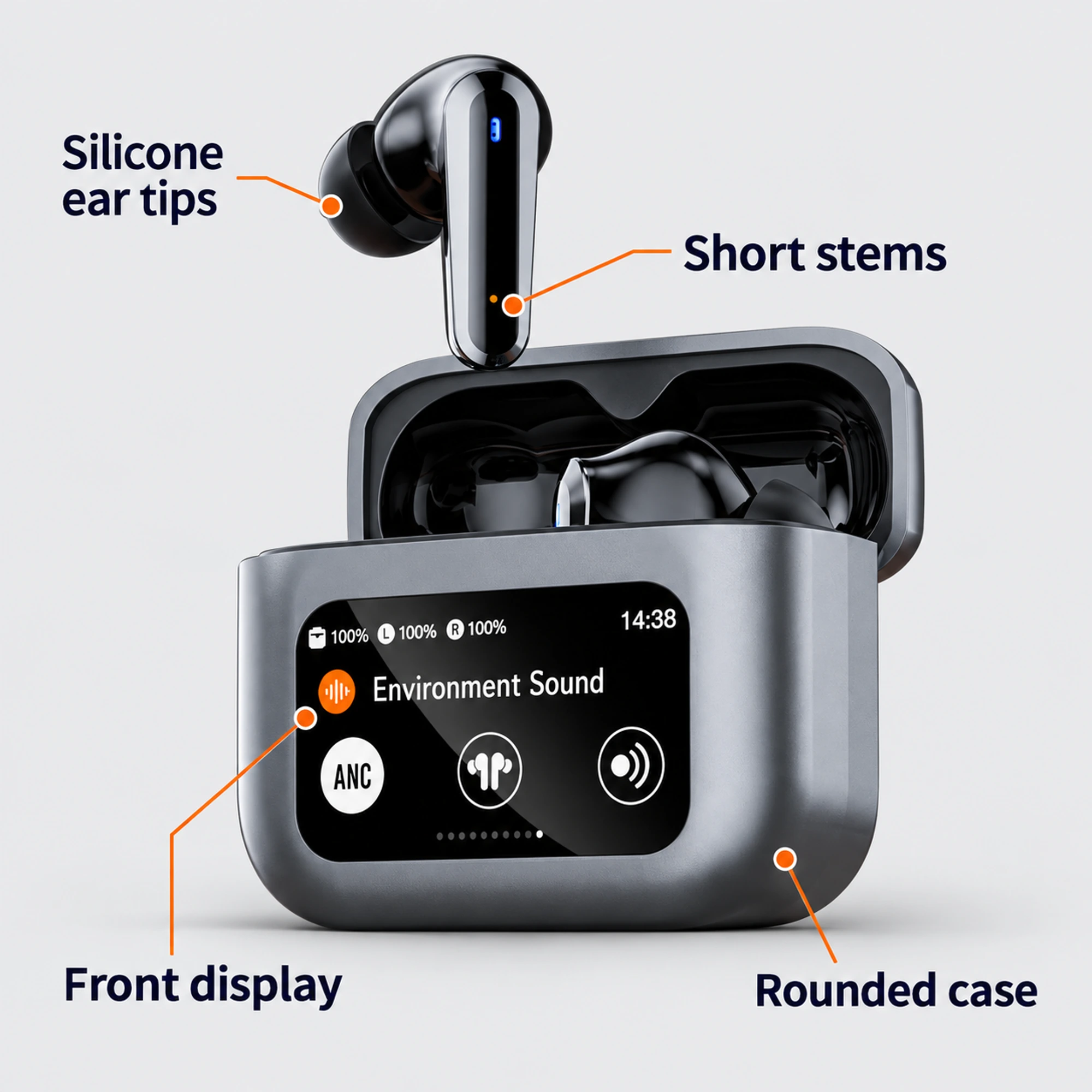 Dark Gray Rectangular Screen-Case Earbuds — design features