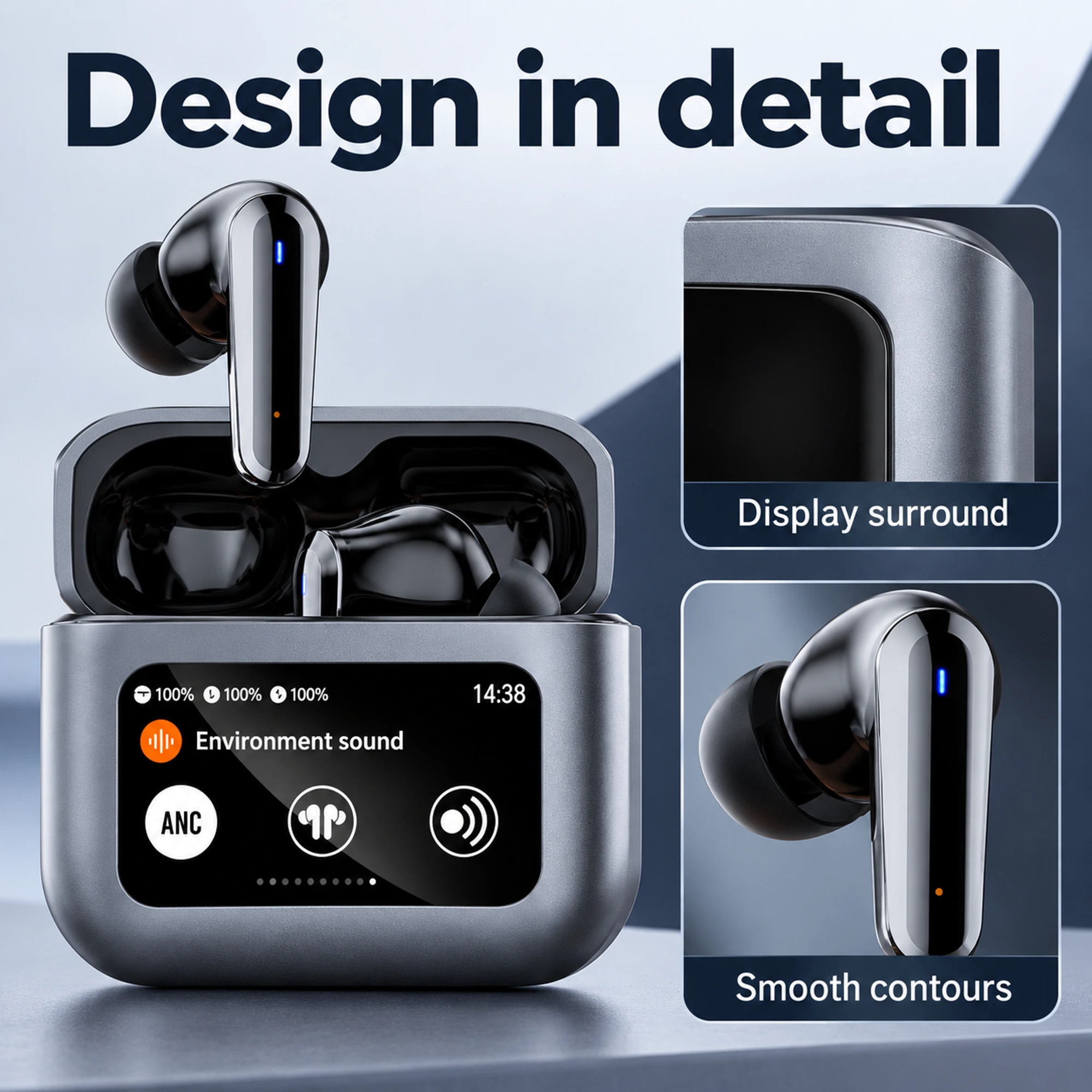 Dark Gray Rectangular Screen-Case Earbuds — exterior details