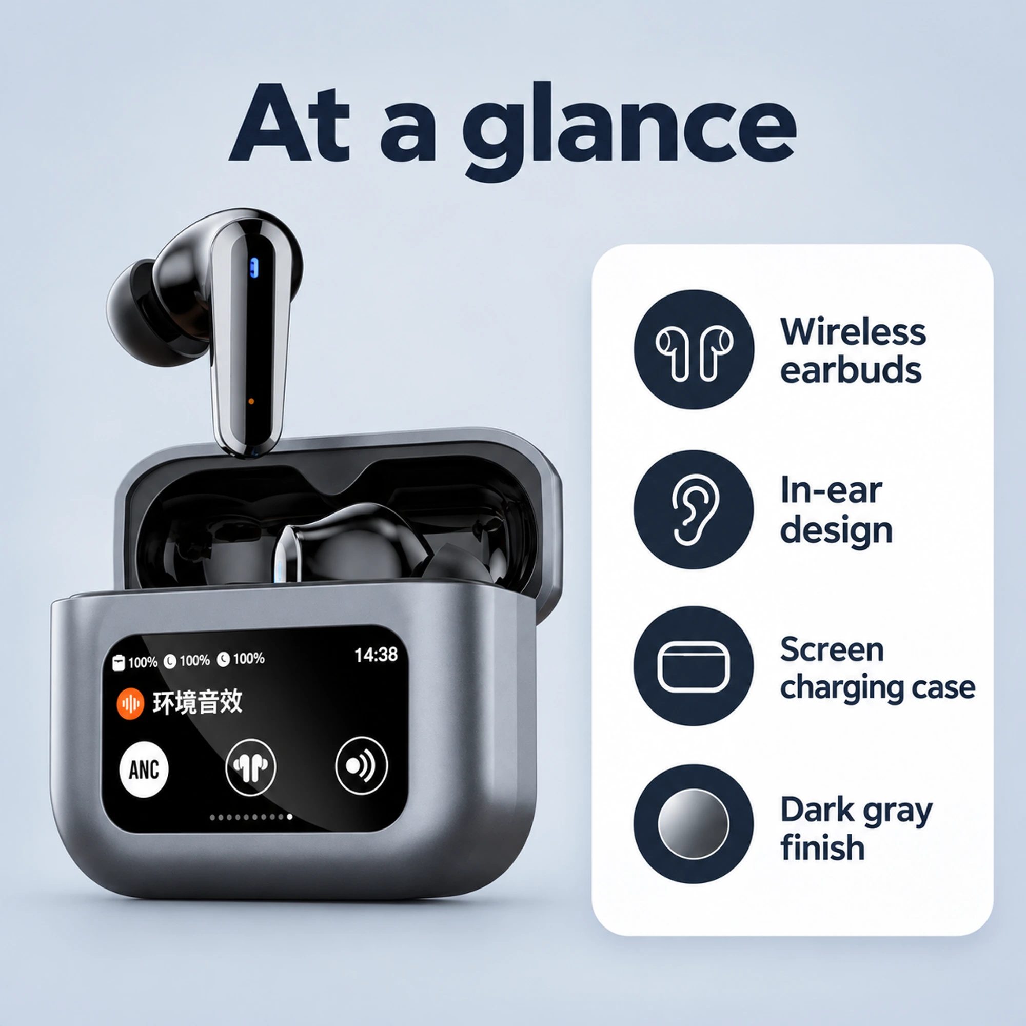 Dark Gray Rectangular Screen-Case Earbuds — product information