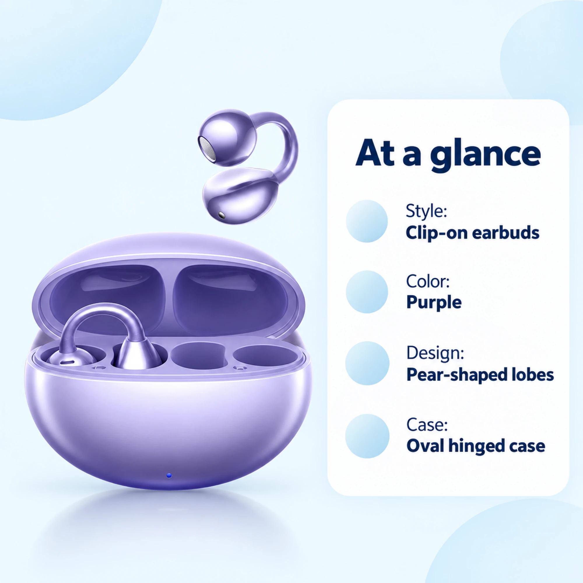 Purple Pear-Lobe Clip-On Earbuds — at a glance