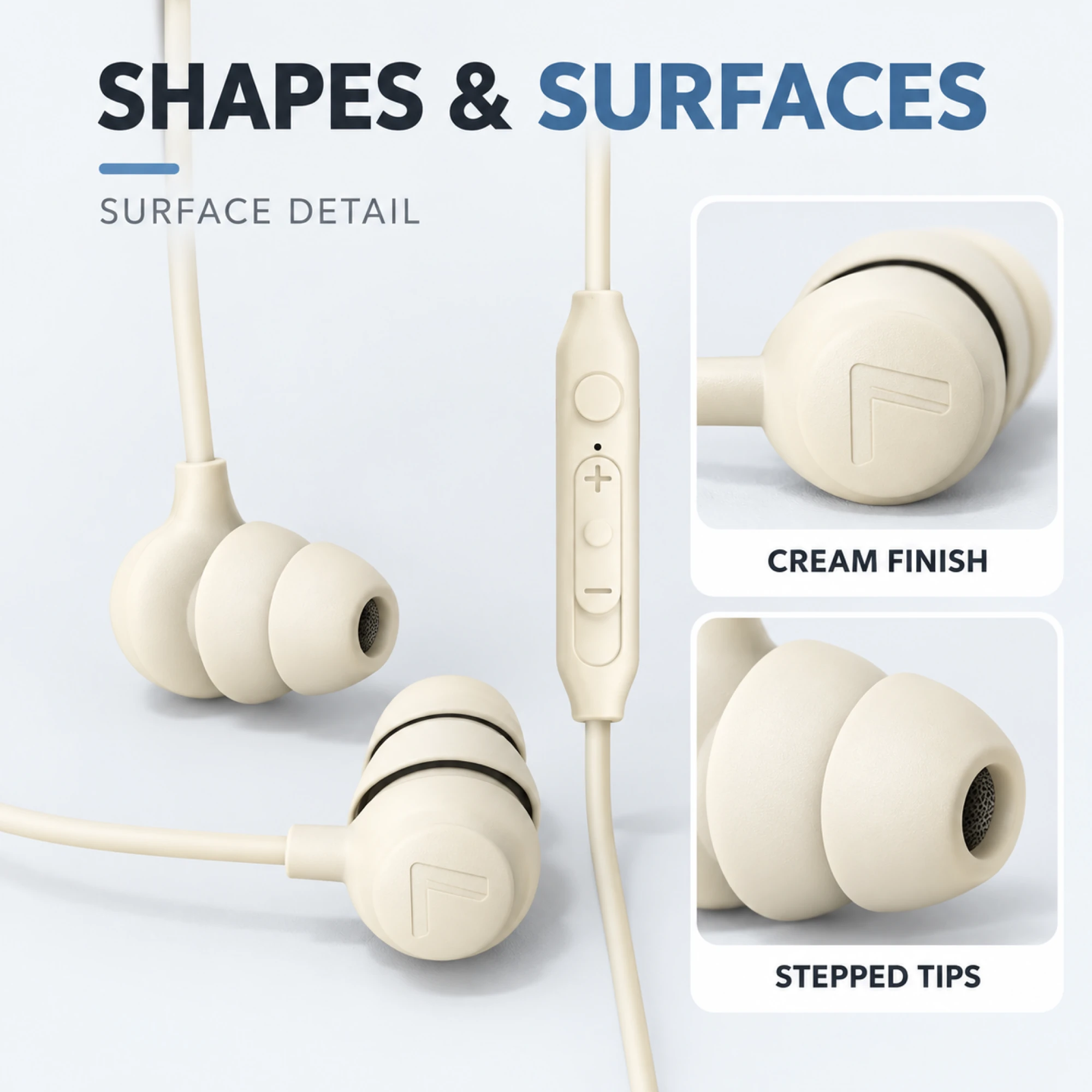 S11 Cream Wired Sleep Earbuds with Stepped Tips — surface detail