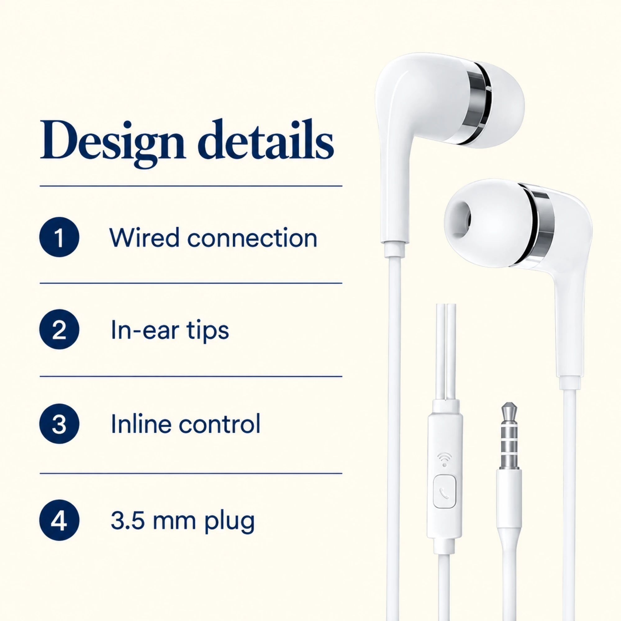 White Chrome-Ring Wired Earbuds — alternate view