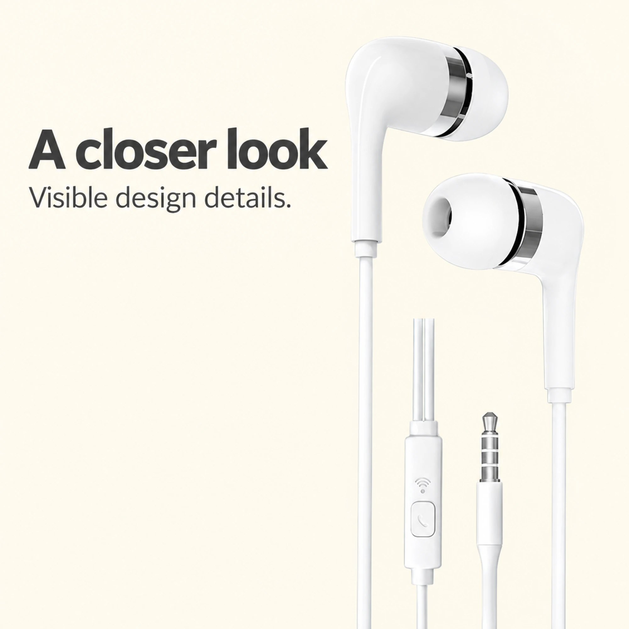 White Chrome-Ring Wired Earbuds — surface detail