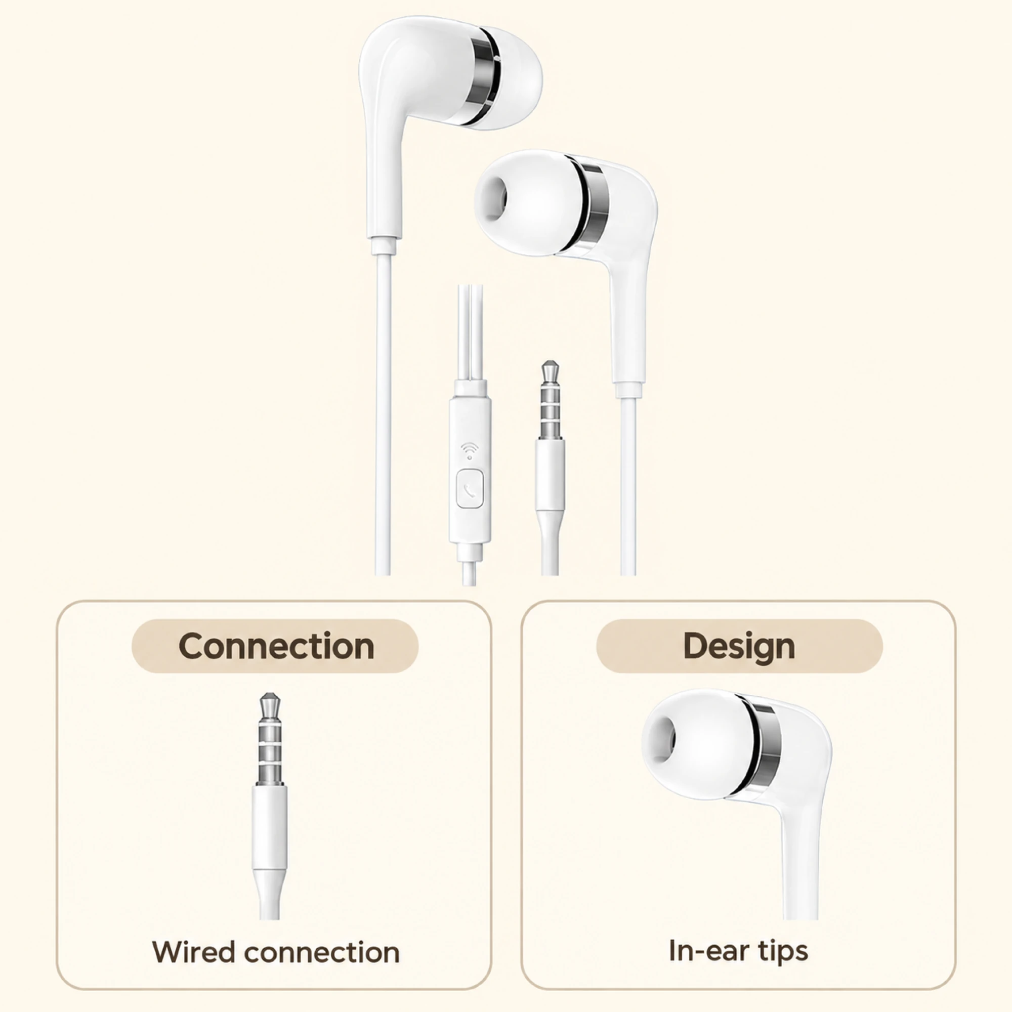 White Chrome-Ring Wired Earbuds — design details