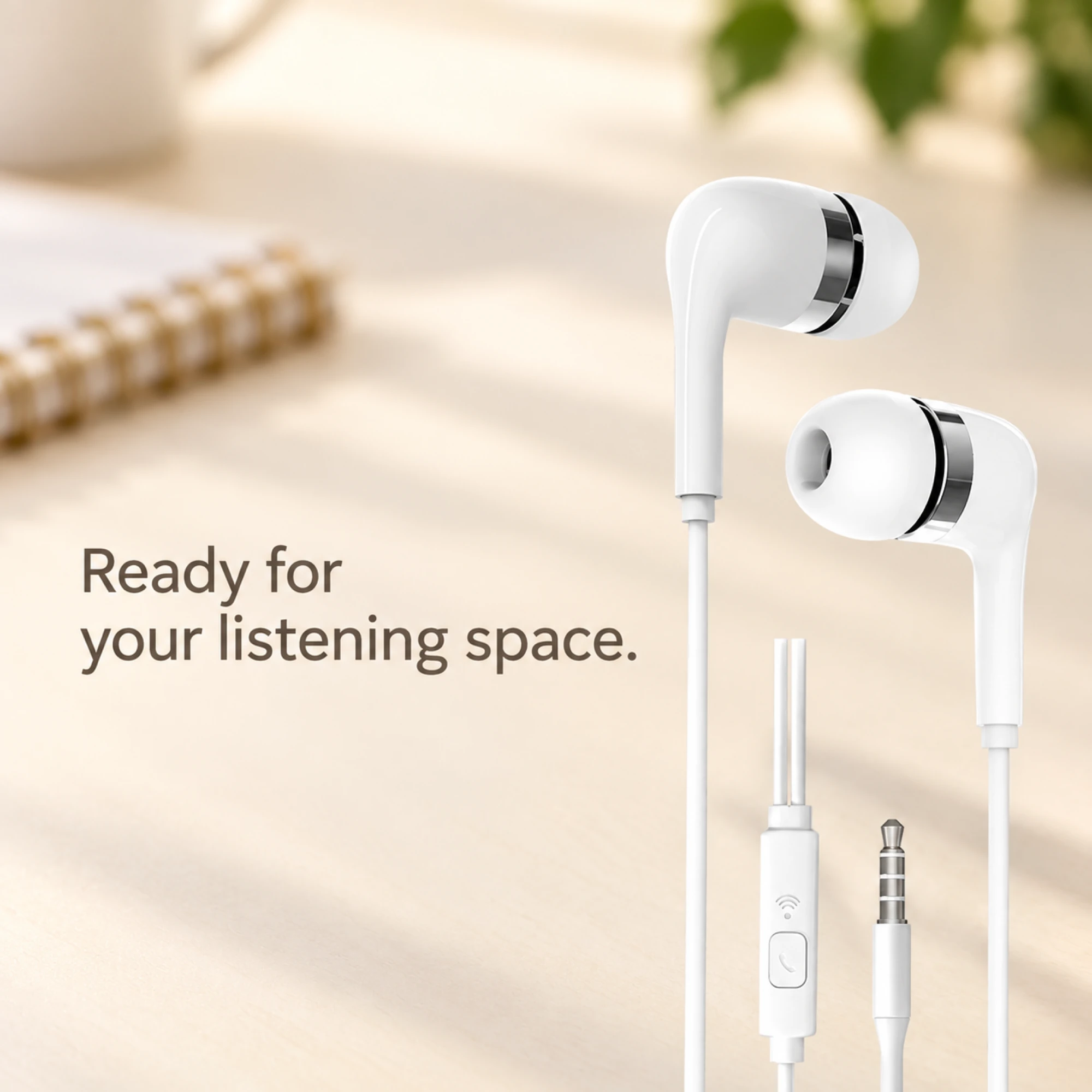 White Chrome-Ring Wired Earbuds — lifestyle