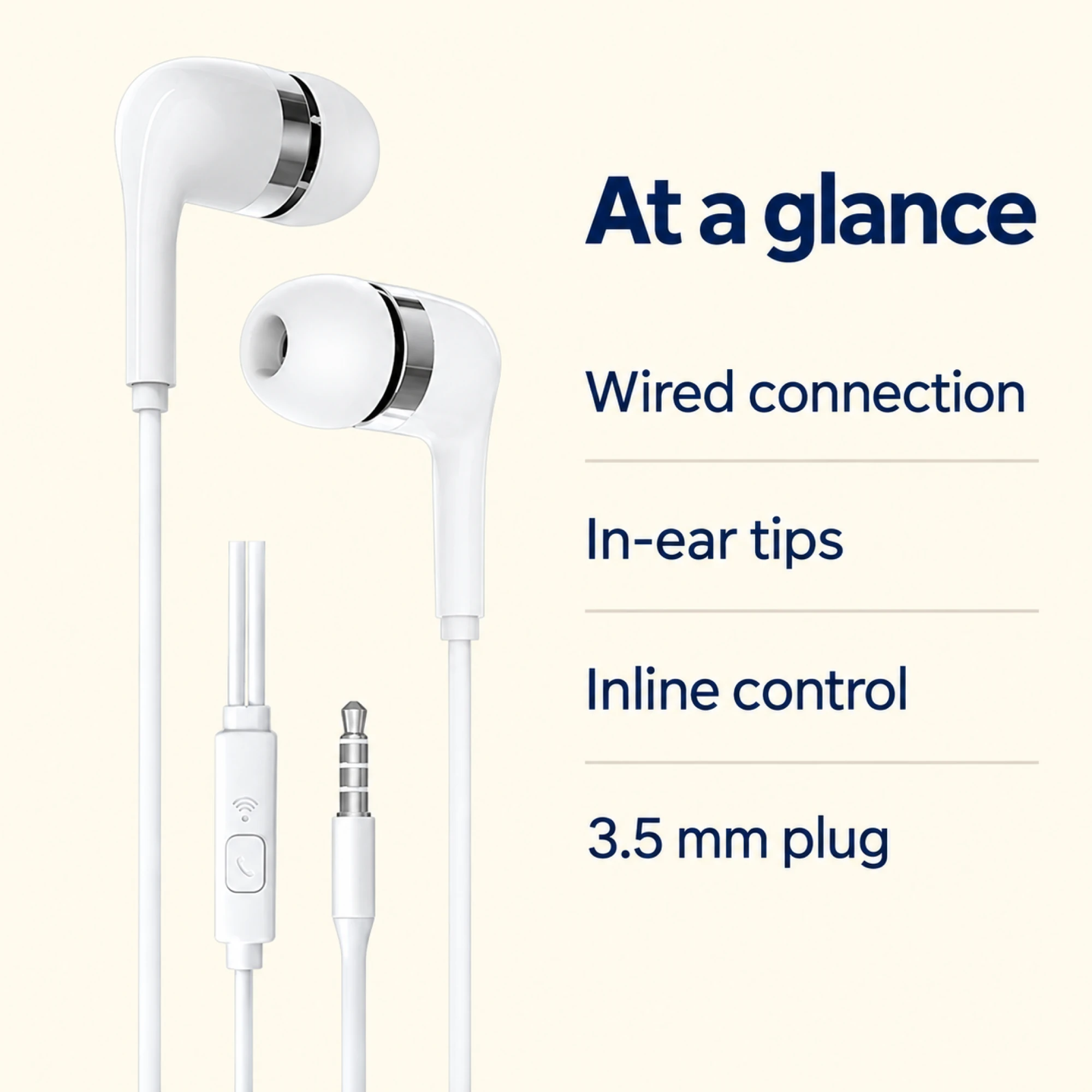 White Chrome-Ring Wired Earbuds — at a glance