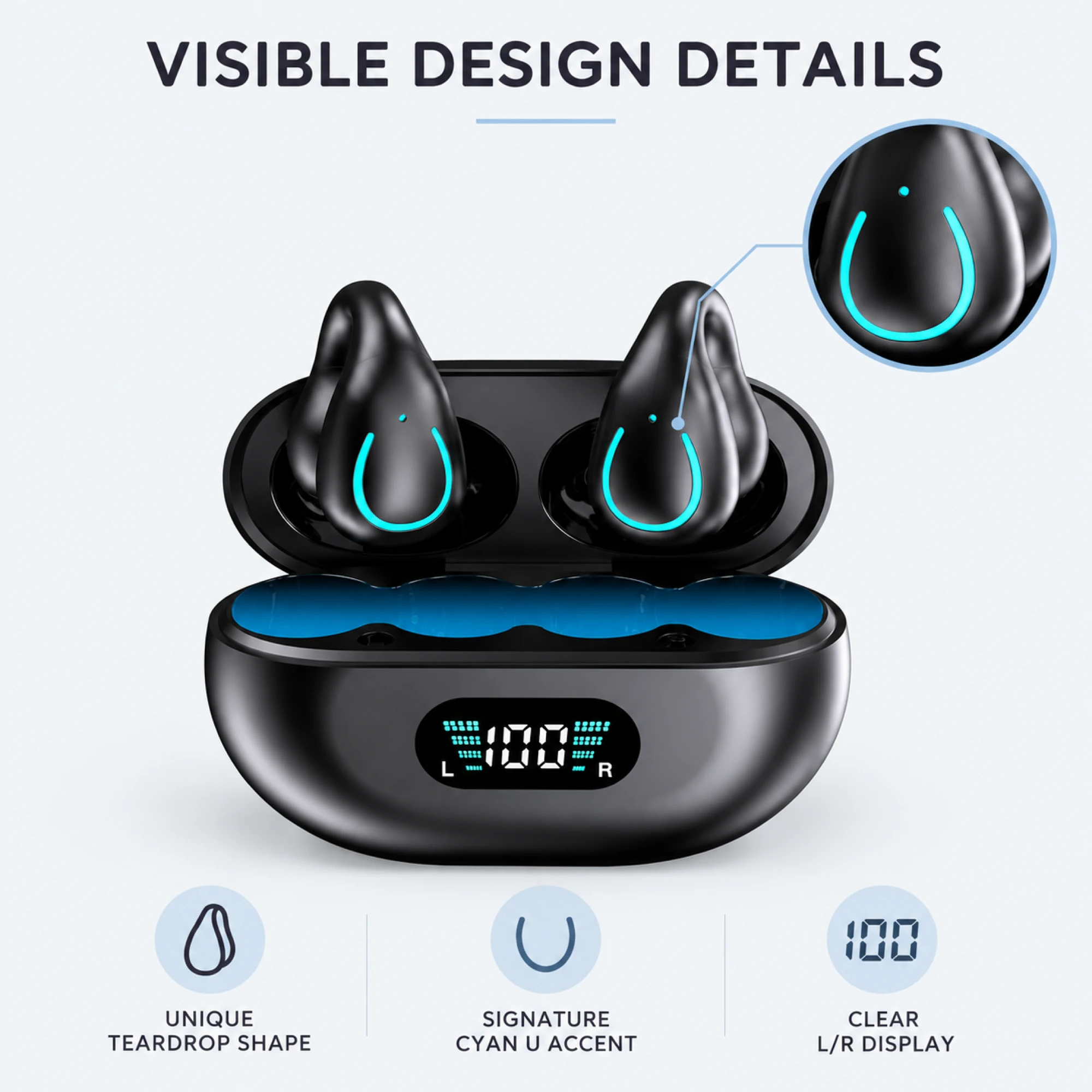 Q71 Cyan-Accent Translation Earbuds — surface detail