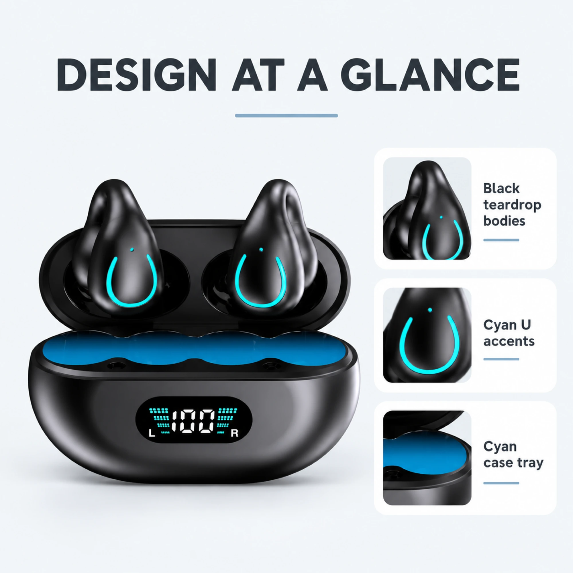 Q71 Cyan-Accent Translation Earbuds — design details