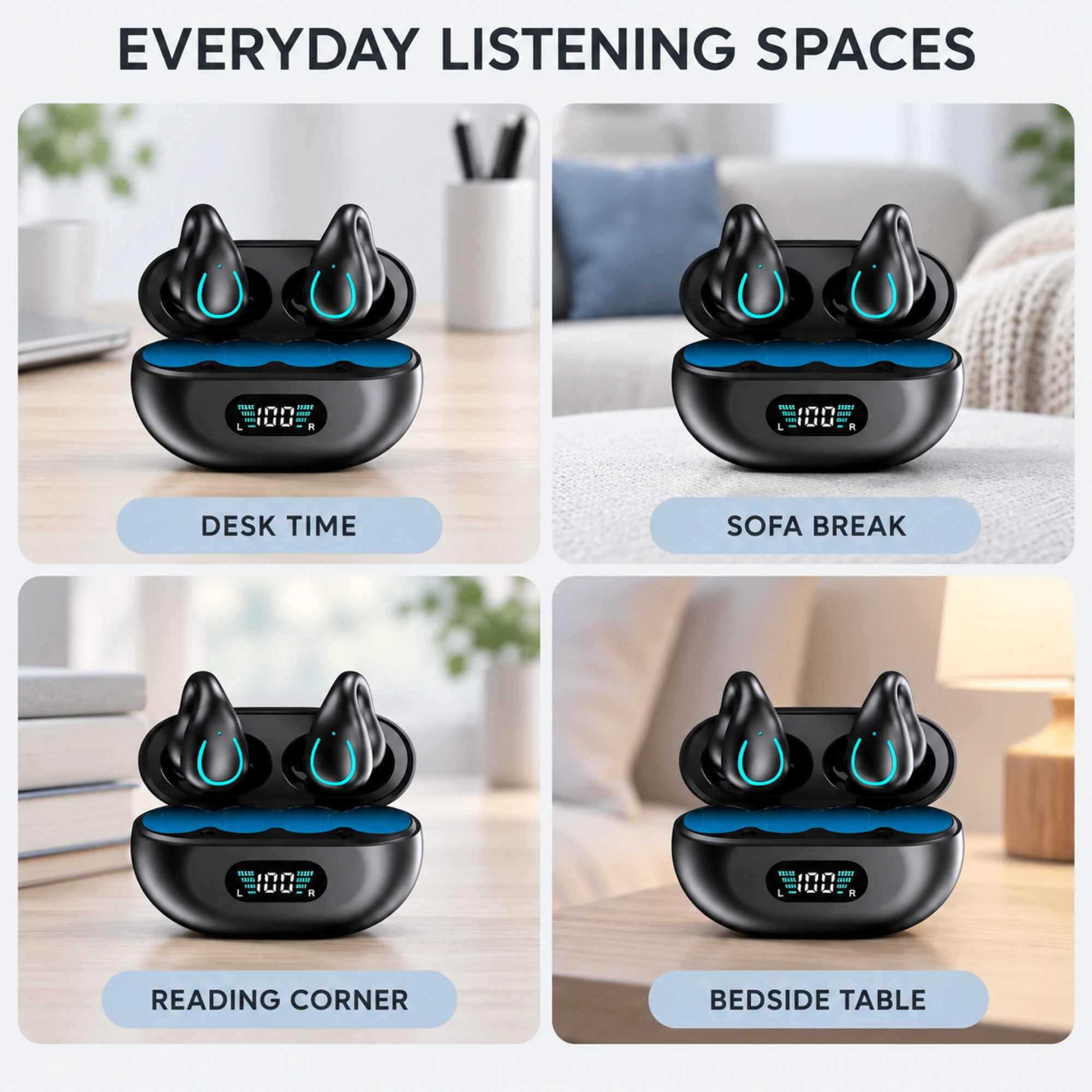 Q71 Cyan-Accent Translation Earbuds — lifestyle