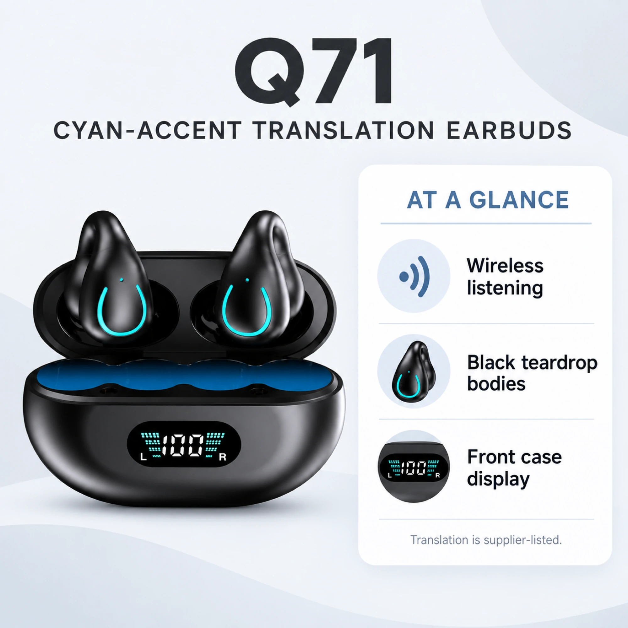 Q71 Cyan-Accent Translation Earbuds — at a glance