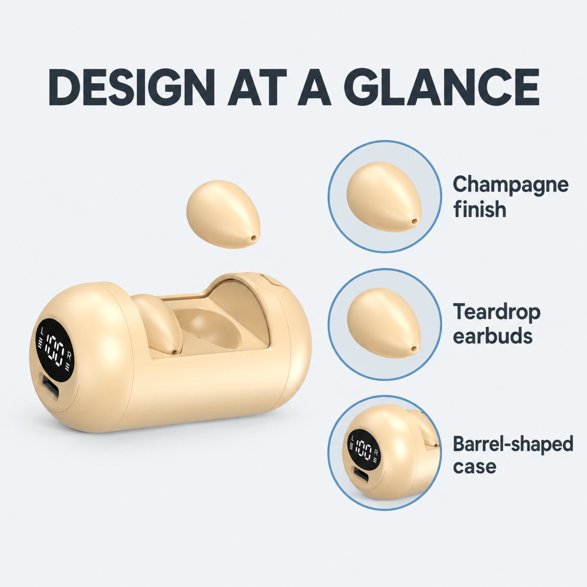 DH89 Champagne Barrel-Case Sleep Earbuds — design details