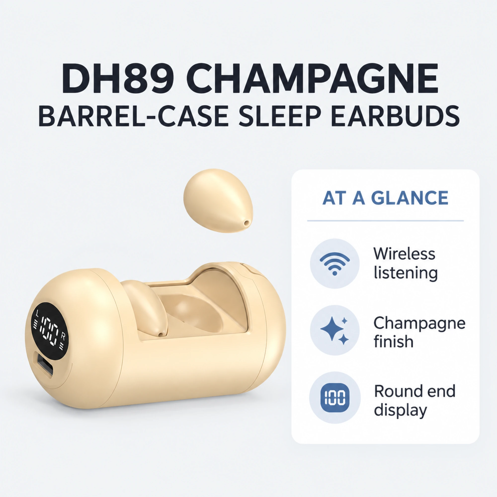DH89 Champagne Barrel-Case Sleep Earbuds — at a glance