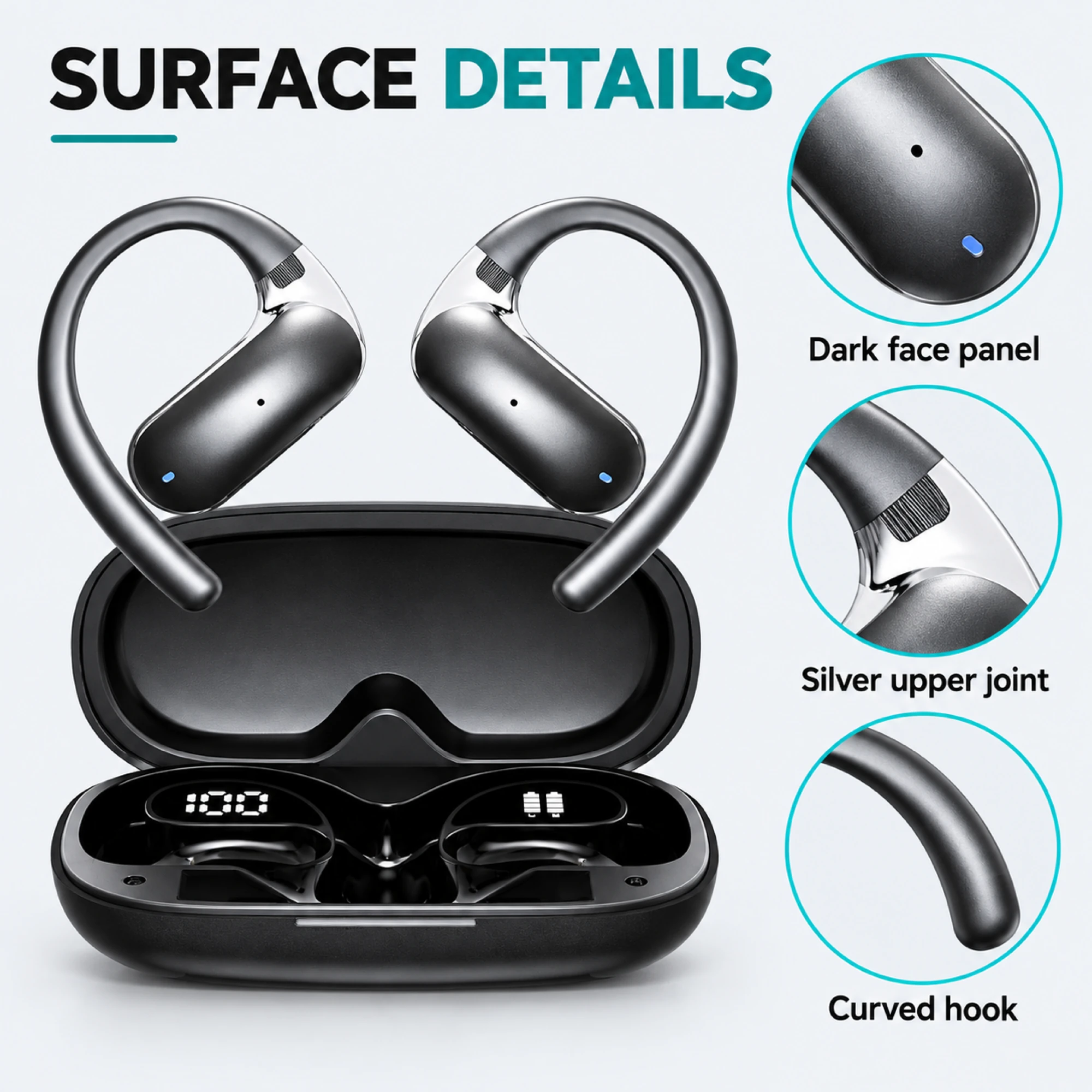Black Panel Open-Ear Earbuds — surface detail