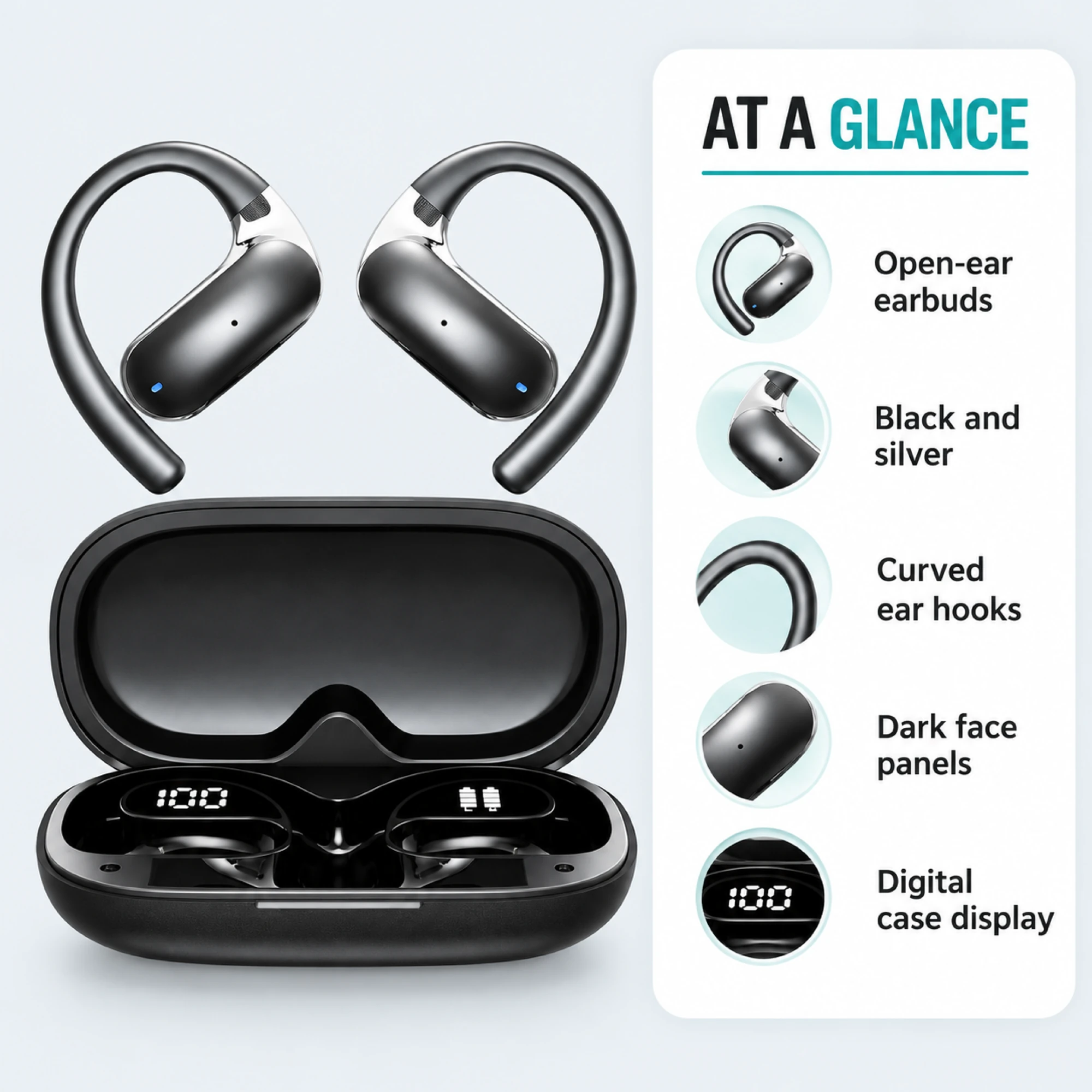 Black Panel Open-Ear Earbuds — at a glance