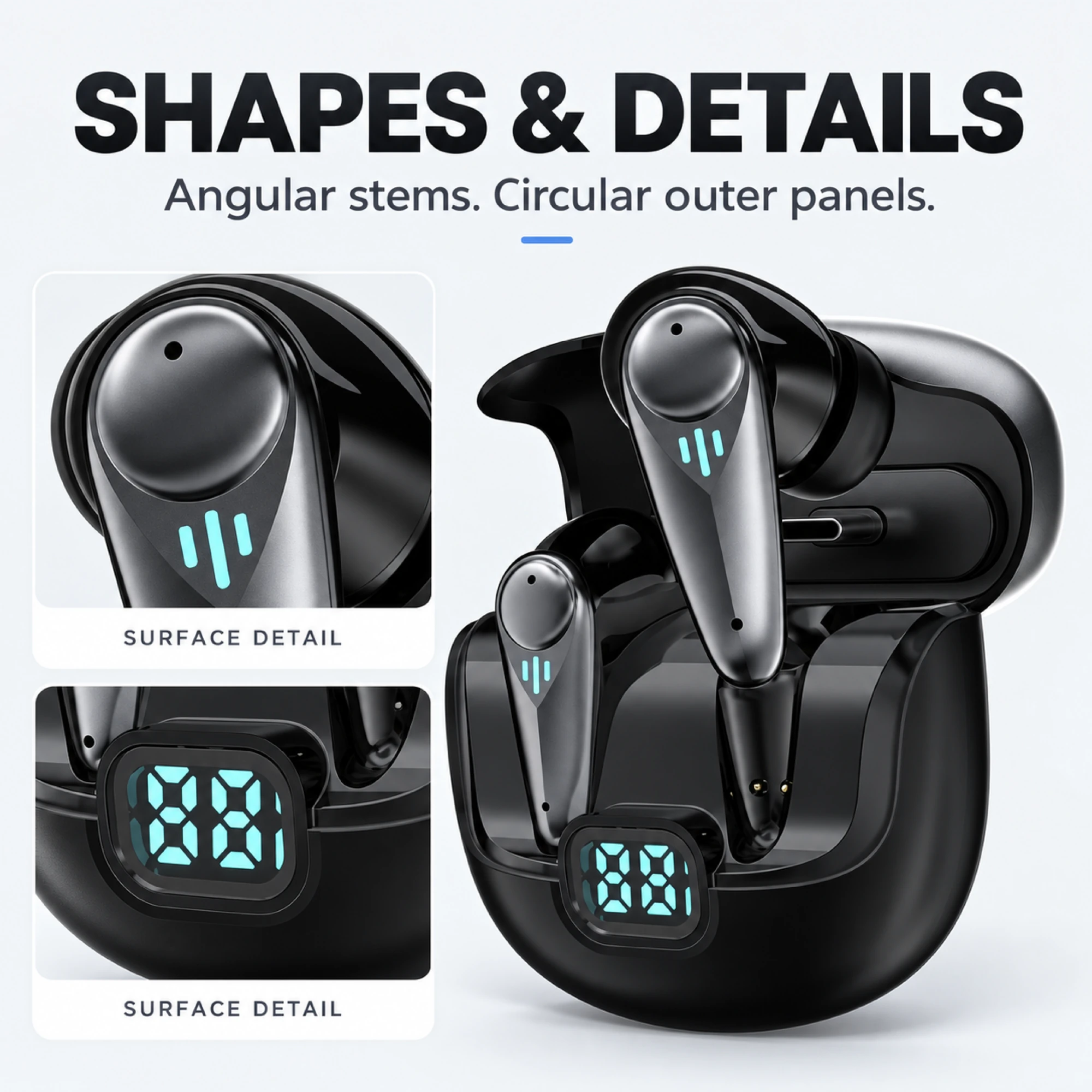 YX37 Black ANC Earbuds with Digital Case — surface detail