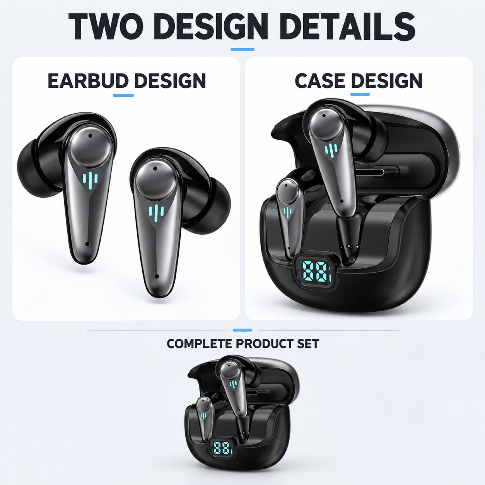 YX37 Black ANC Earbuds with Digital Case — design details