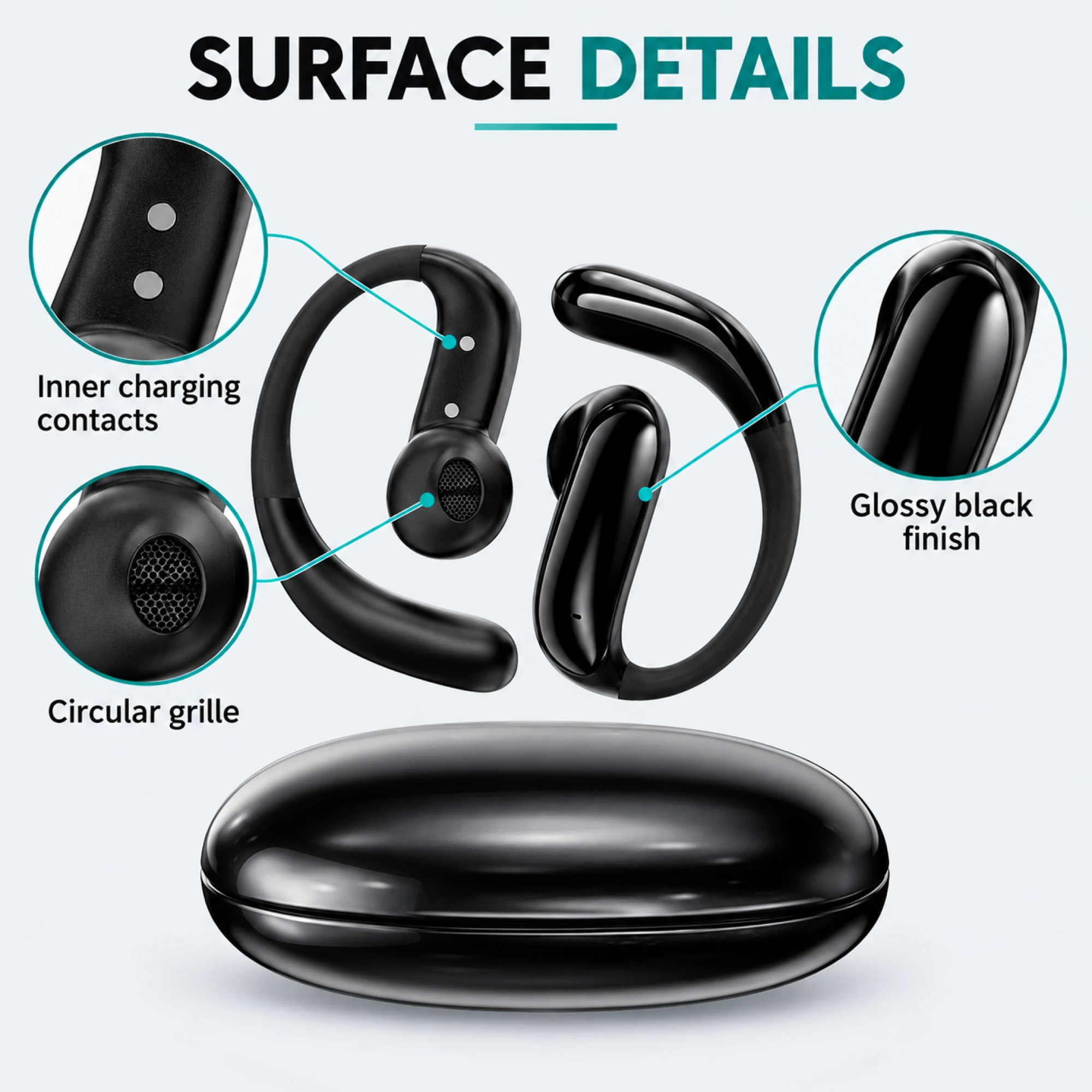 Slim Black Open-Ear Earbuds — surface detail