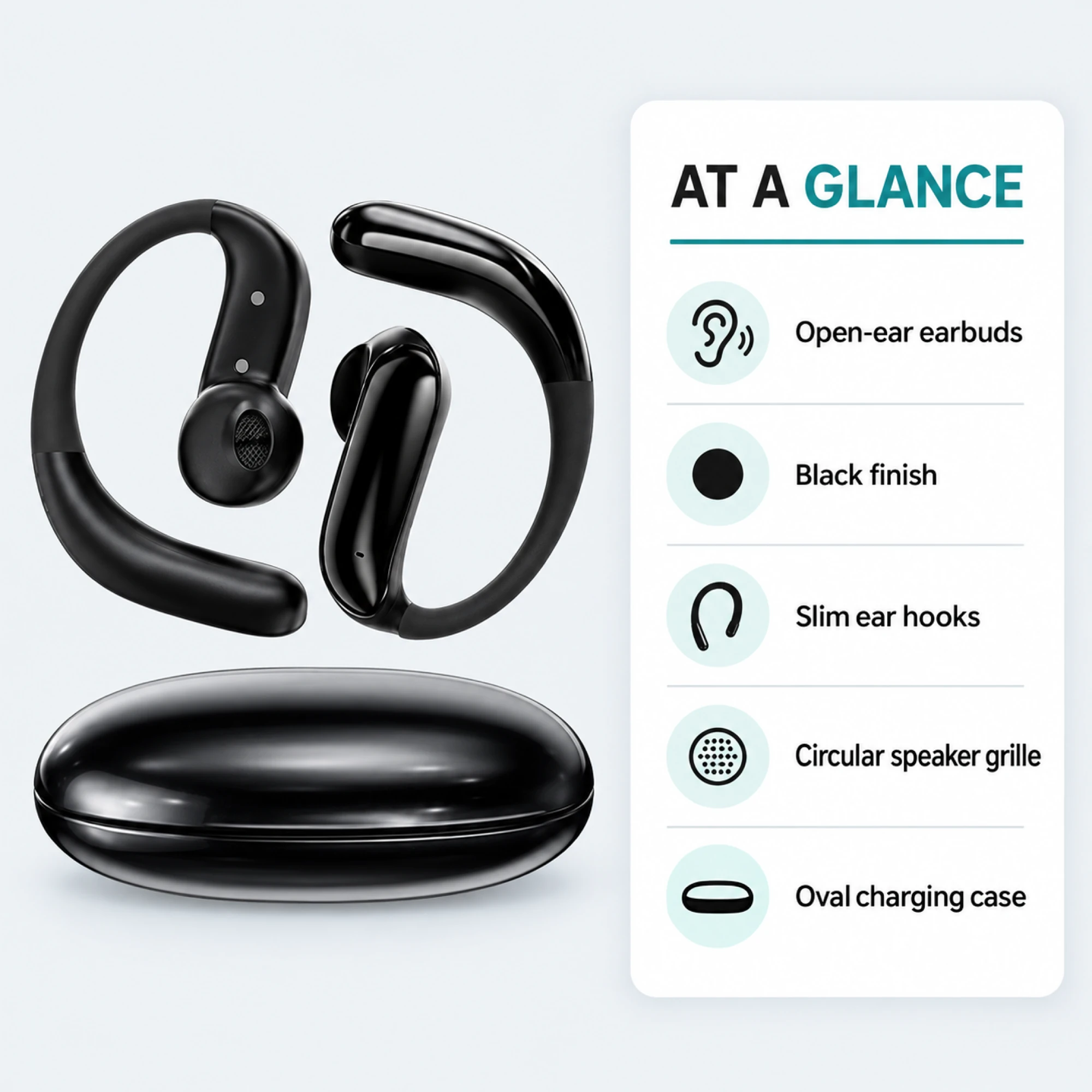 Slim Black Open-Ear Earbuds — at a glance