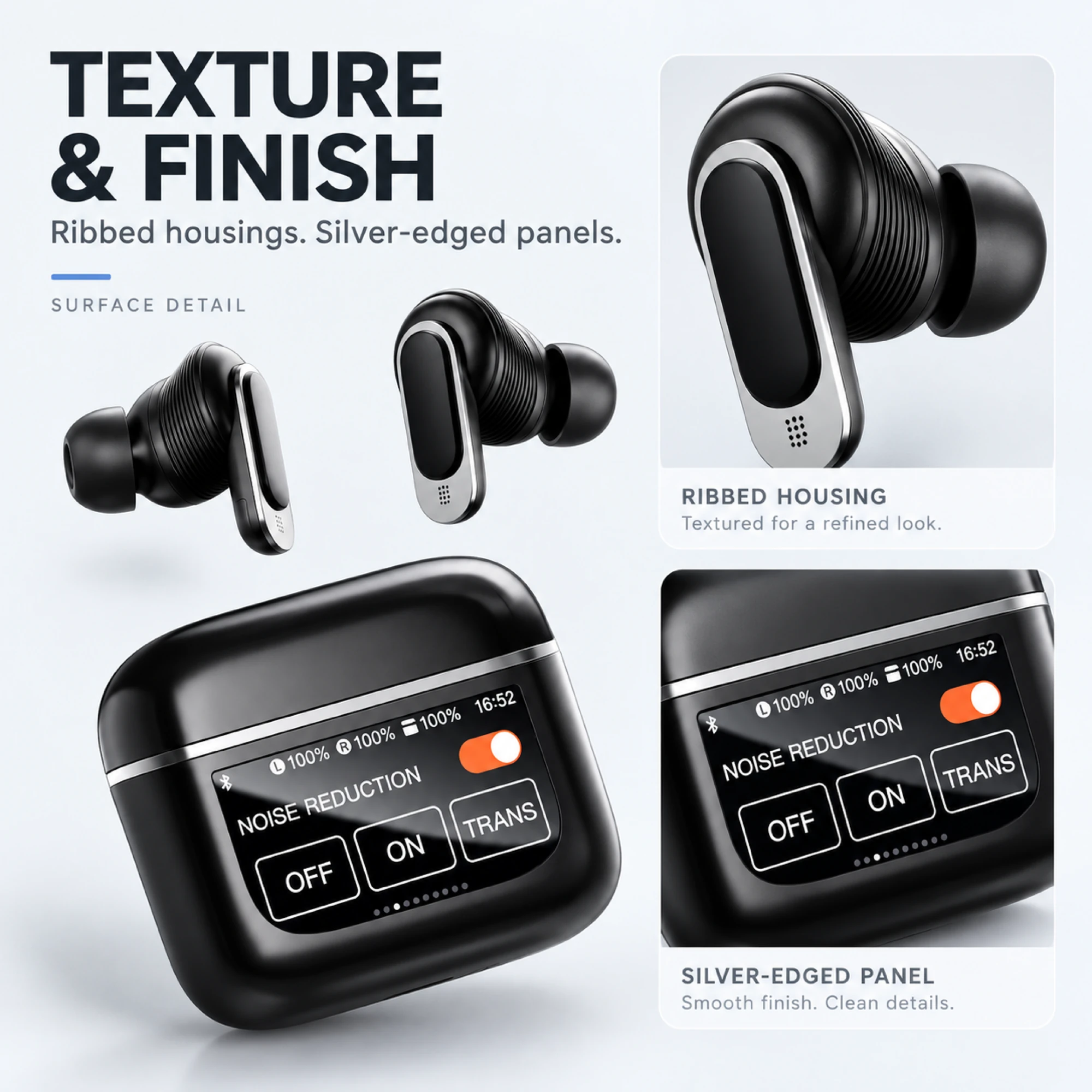 V8 ANC Earbuds with Screen Charging Case — surface detail