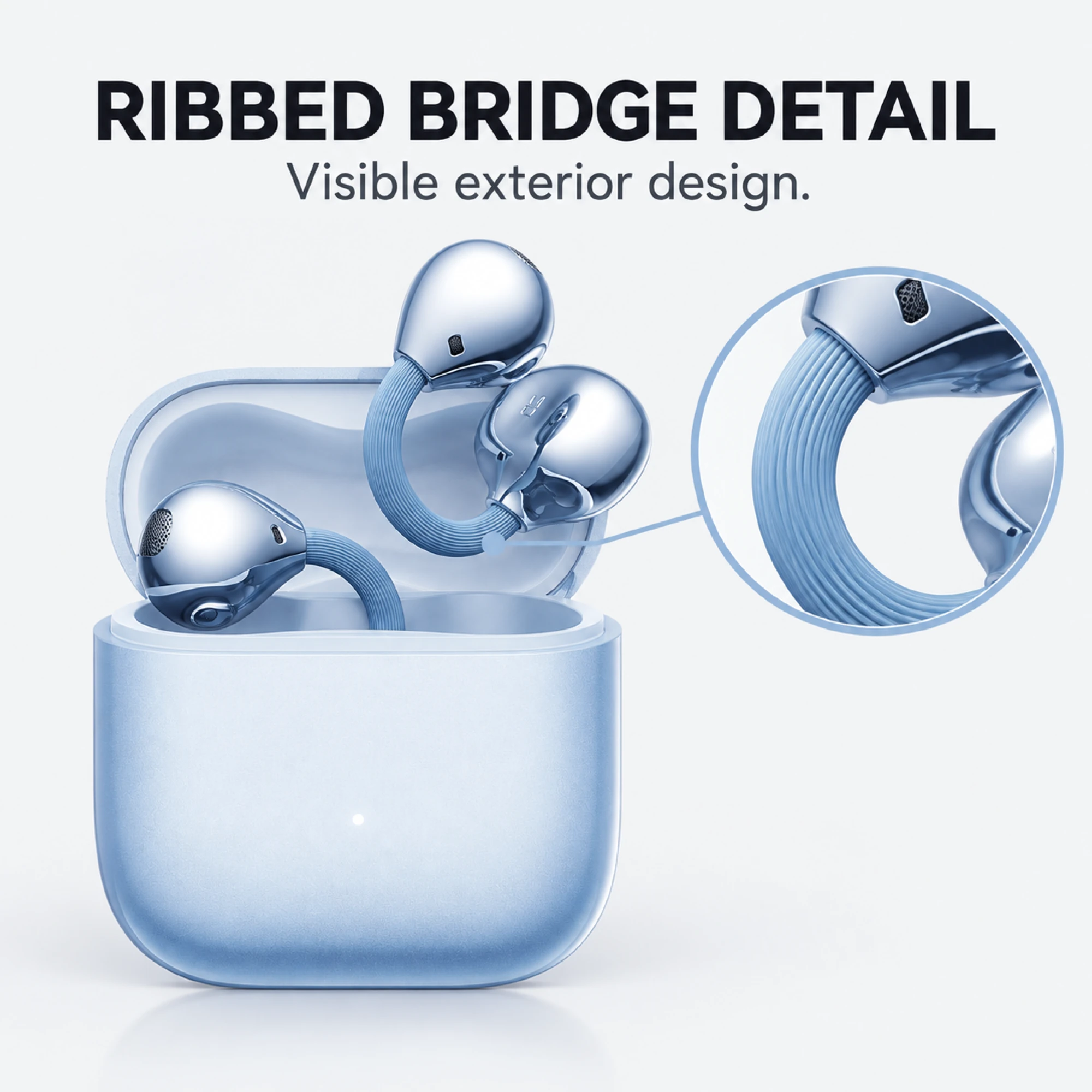 Light Blue Ribbed-Bridge Clip-On Earbuds — surface detail