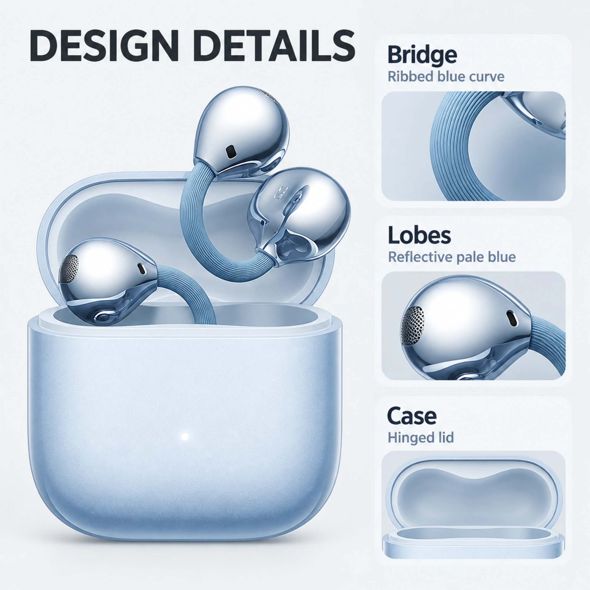 Light Blue Ribbed-Bridge Clip-On Earbuds — design details