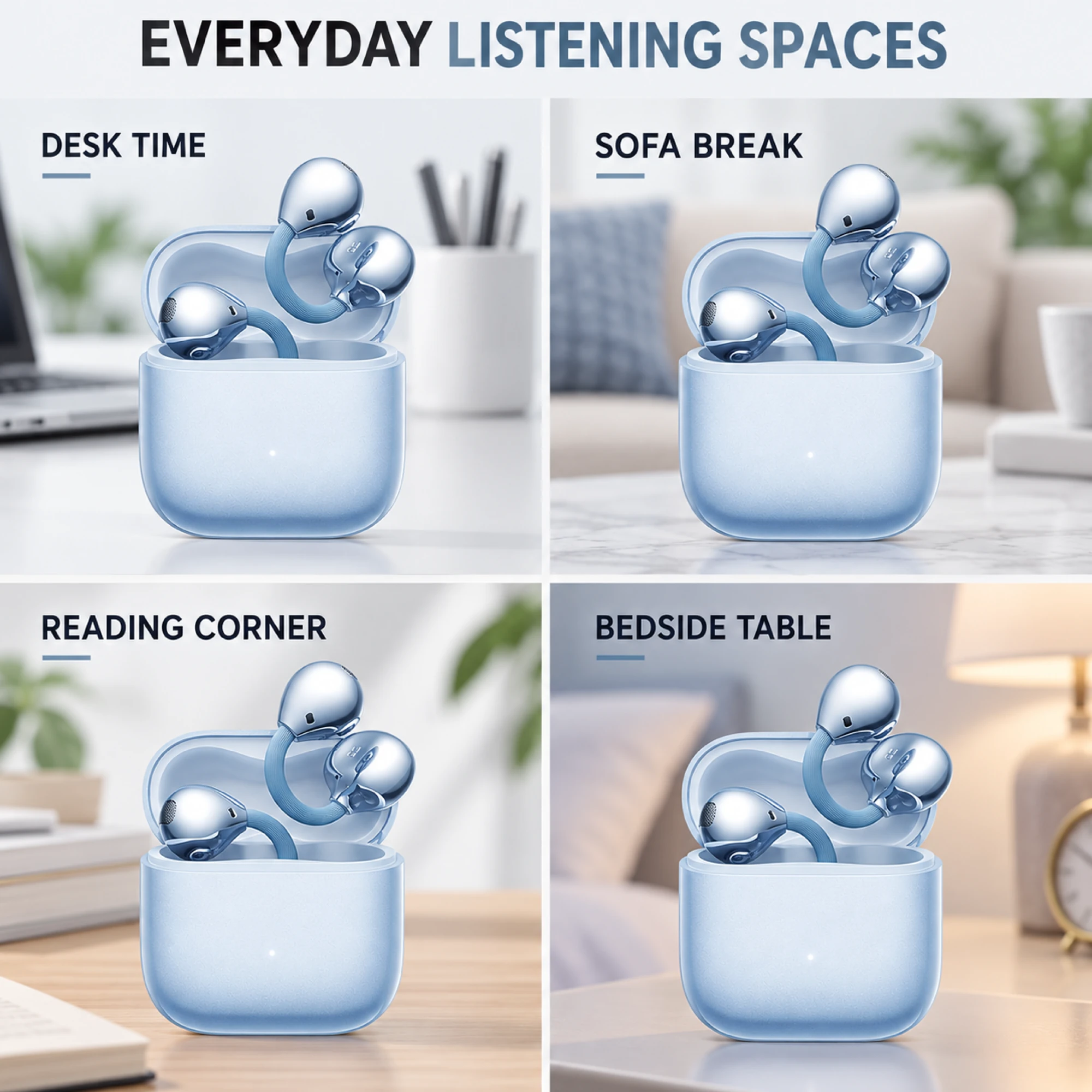 Light Blue Ribbed-Bridge Clip-On Earbuds — lifestyle