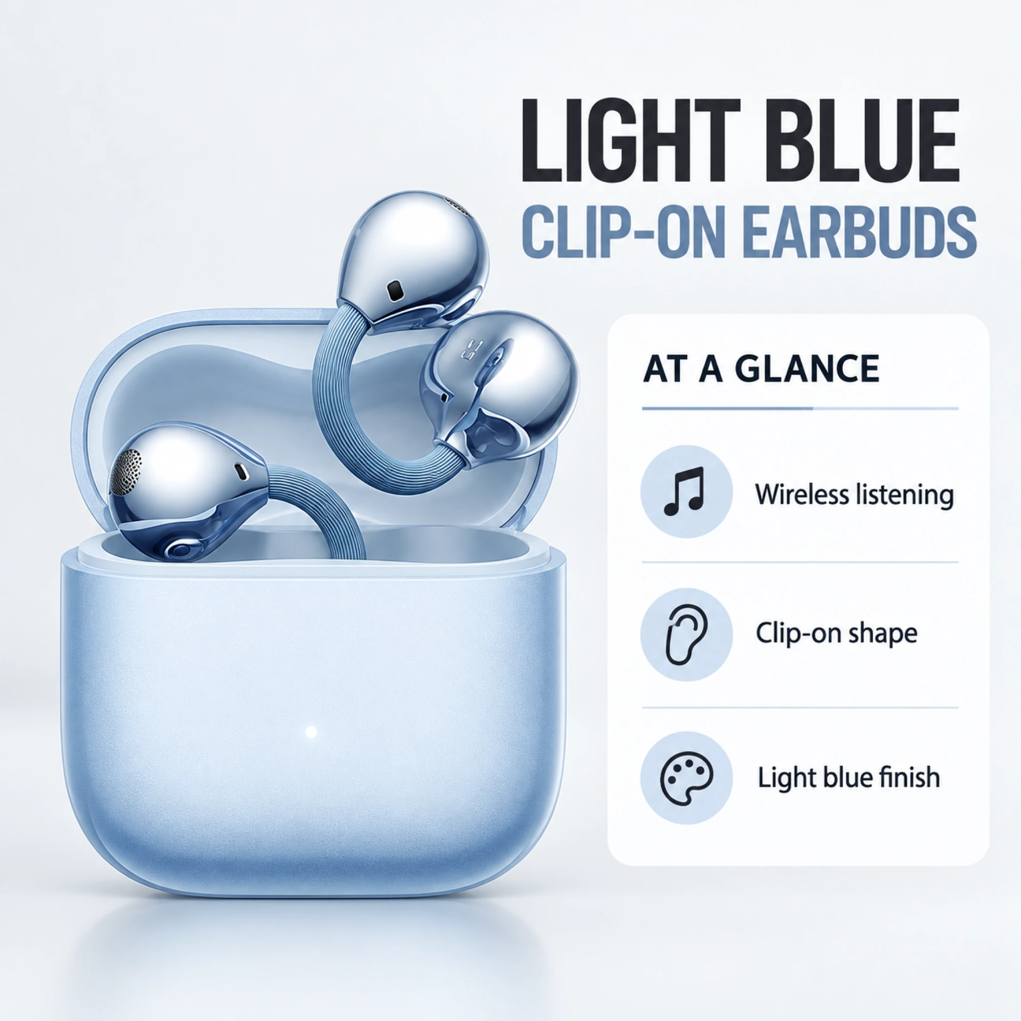 Light Blue Ribbed-Bridge Clip-On Earbuds — at a glance