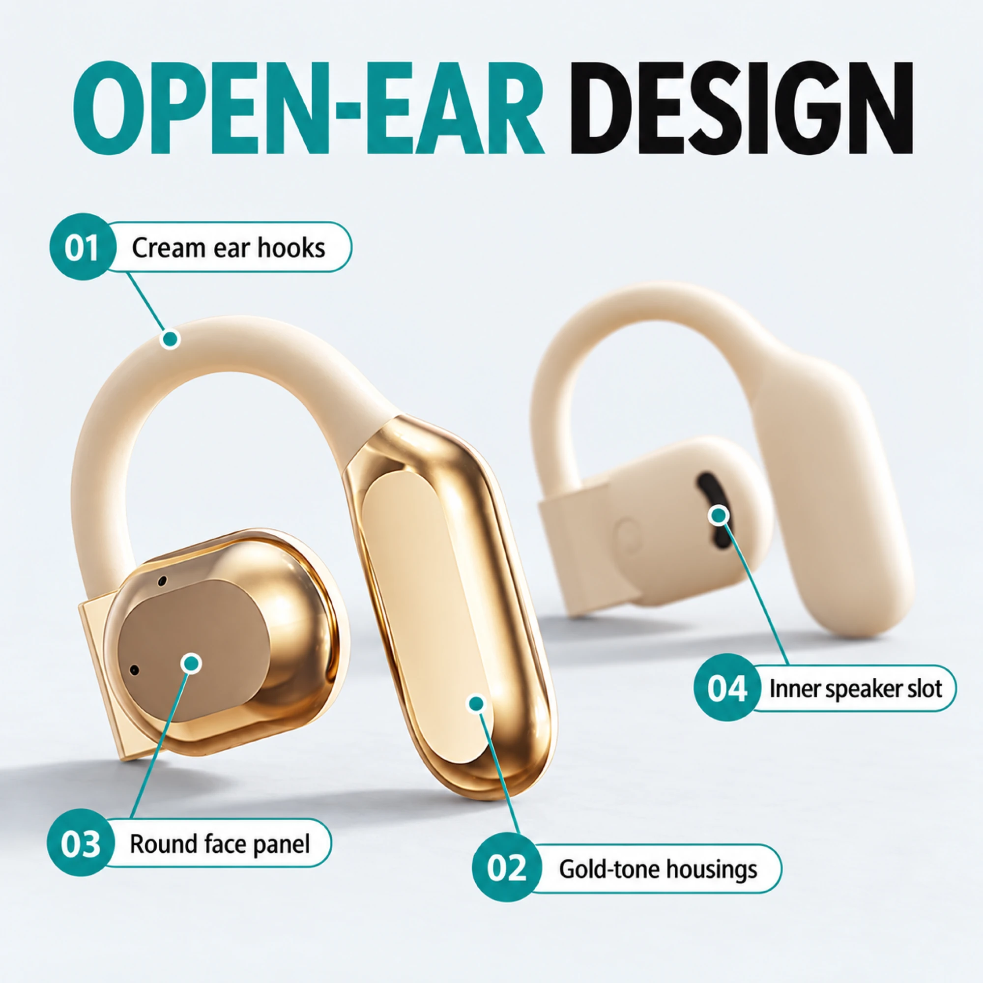 M62 Cream and Gold Open-Ear Earbuds — alternate view